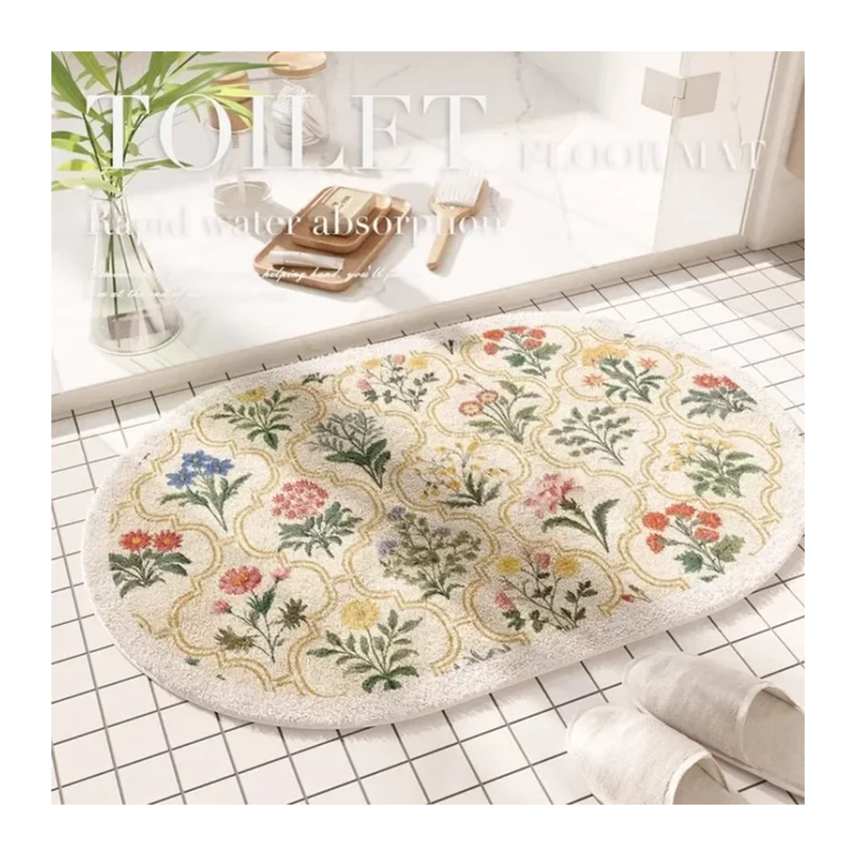 Saugfähige und rutschfeste Badezimmermatte in Weiß mit floralem Design und ovaler Form - Bild 1