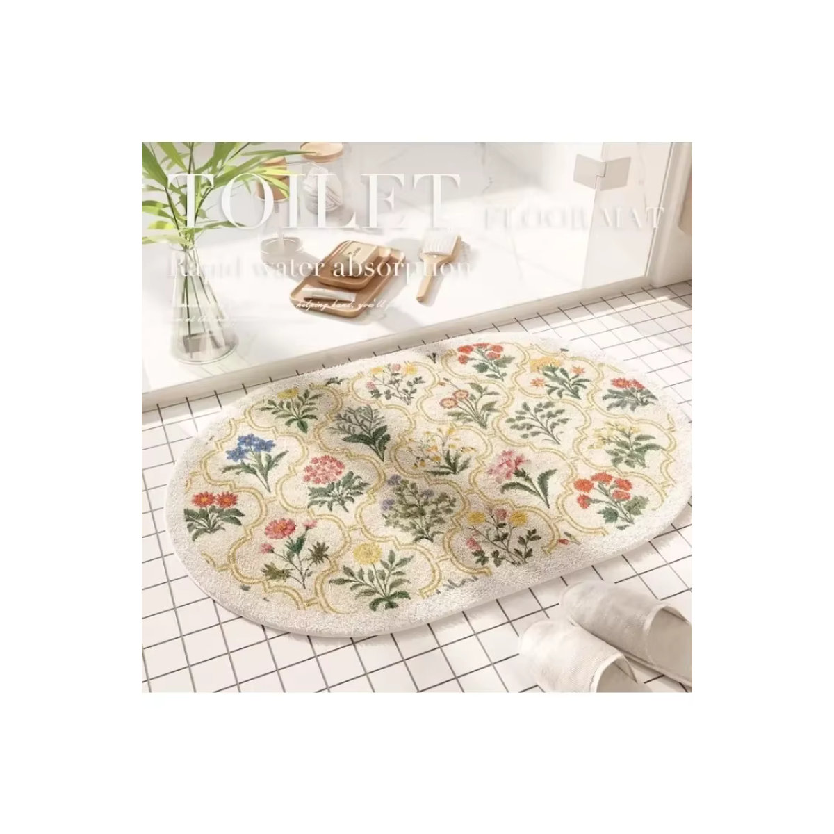 Saugfähige und rutschfeste Badezimmermatte in Weiß mit floralem Design und ovaler Form - Bild 2