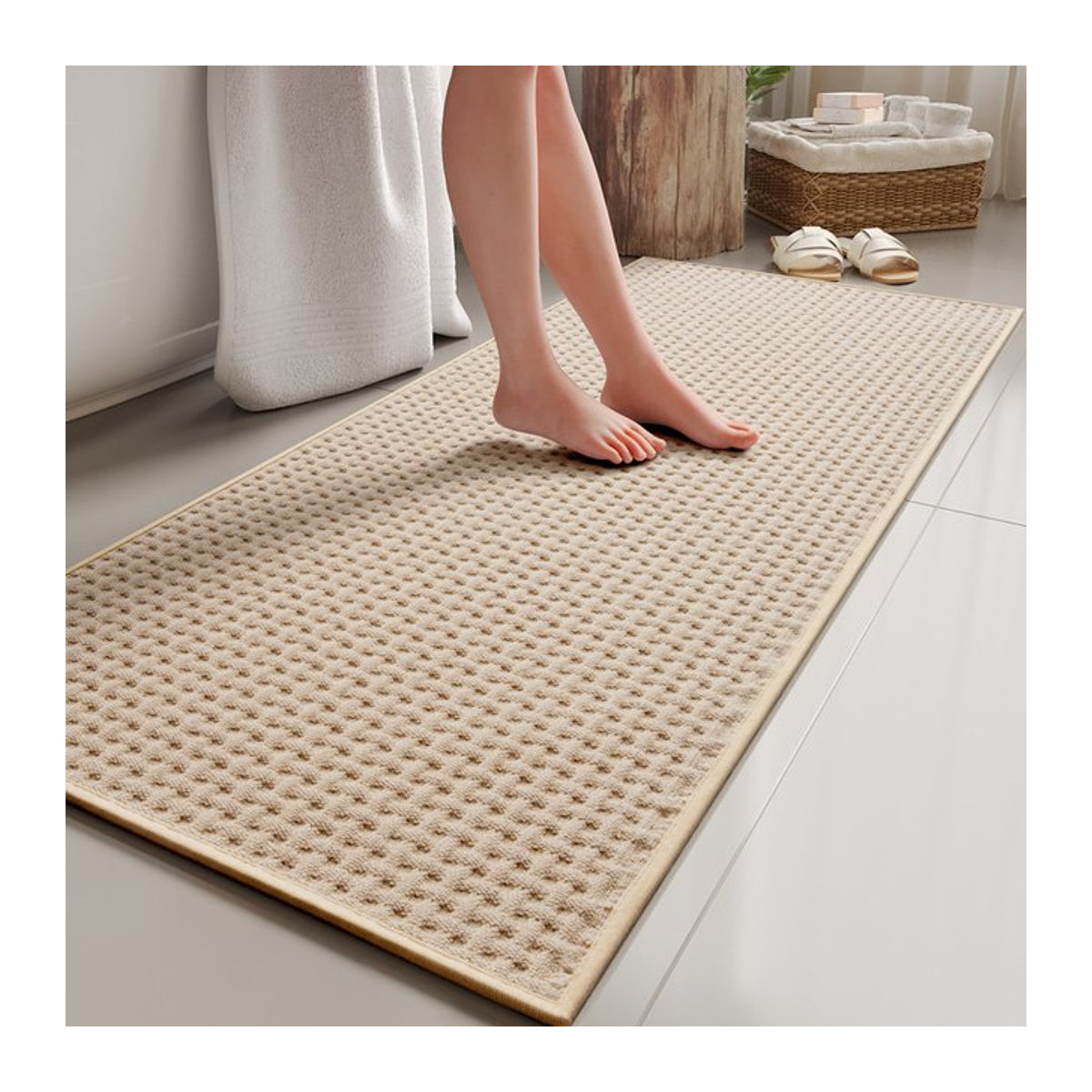 Saugfähiger Badezimmerteppich aus gewebtem Samt in Beige, rutschfeste Badematte für Dusche und Badewanne - Bild 1