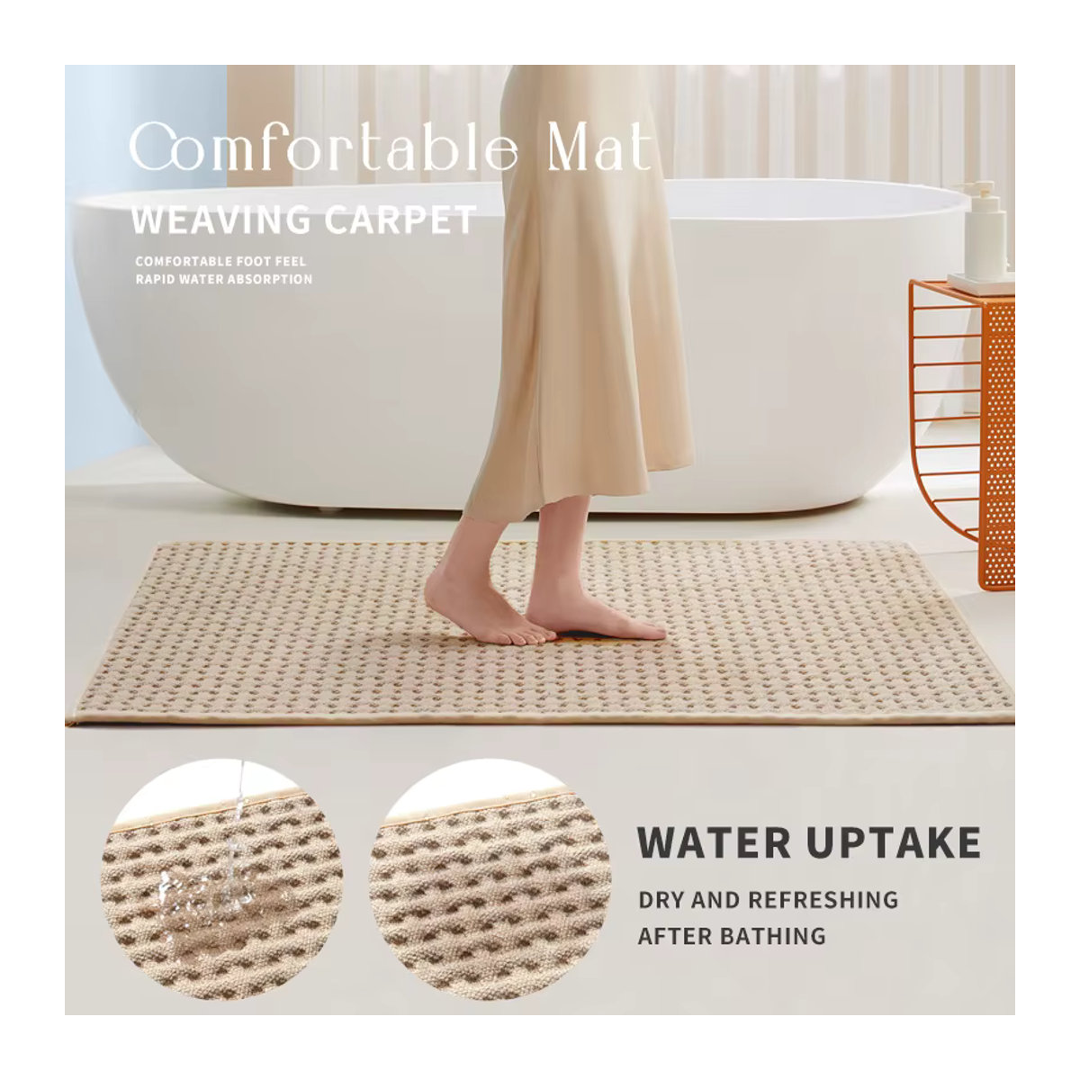 Saugfähiger Badezimmerteppich aus gewebtem Samt in Beige, rutschfeste Badematte für Dusche und Badewanne - Bild 2