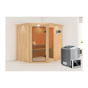 Sauna FIONA 2 BioKombiofen mit Steuergerät und Dachkranz aus Massivholz in Natur, B: 196 cm, T: 170 cm, H: 202 cm