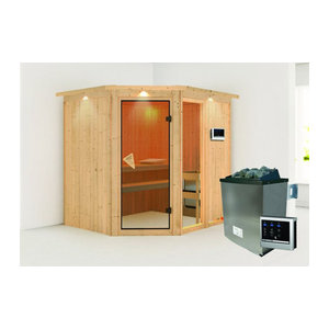 Sauna FIONA 2 mit 9.0 kW Ofen, Steuergerät und Dachkranz in skandinavischem Design aus Massivholz, B/T: 196 x 170 cm