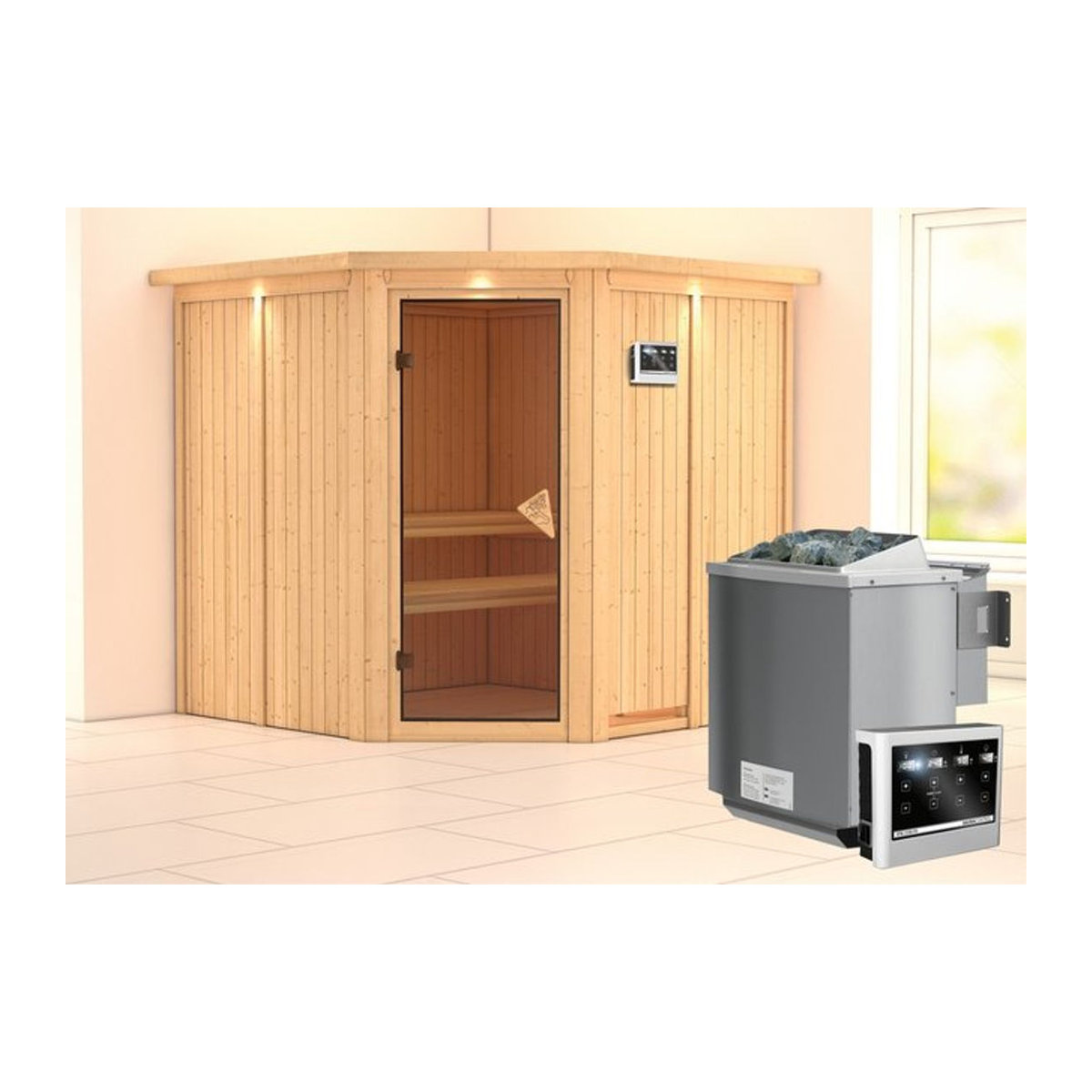 Sauna JARIN BioKombiofen mit Steuergerät und Ganzglastür in Bronze, B/T/H: 196 x 196 x 202 cm - Bild 1