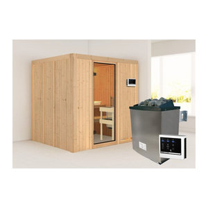 Sauna SODIN aus Kiefernholz in Natur mit 9.0 kW Ofen, Steuergerät und Ganzglastür aus Klarglas, B/T/H: 196 x 170 x 198 cm