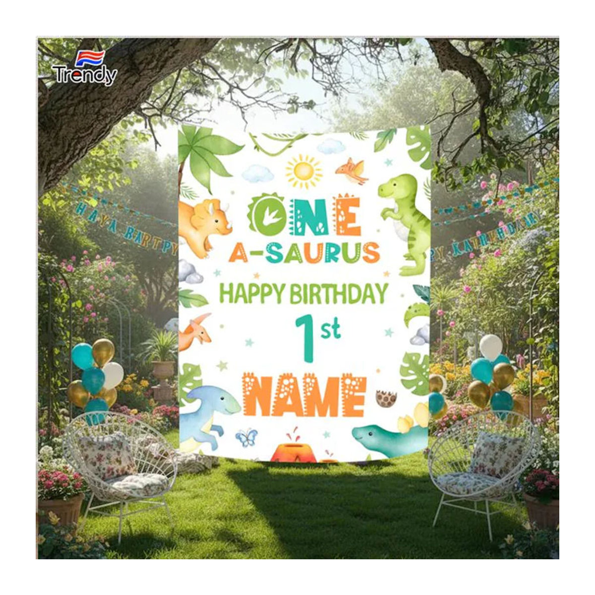 SAURUS Personalisierter Geburtstagshintergrund ONE BIRTHDAY BOY für den ersten Geburtstag, weißes Banner mit Tier-Motiv und Messingösen, B: 120 cm, H: 90 cm - Bild 1
