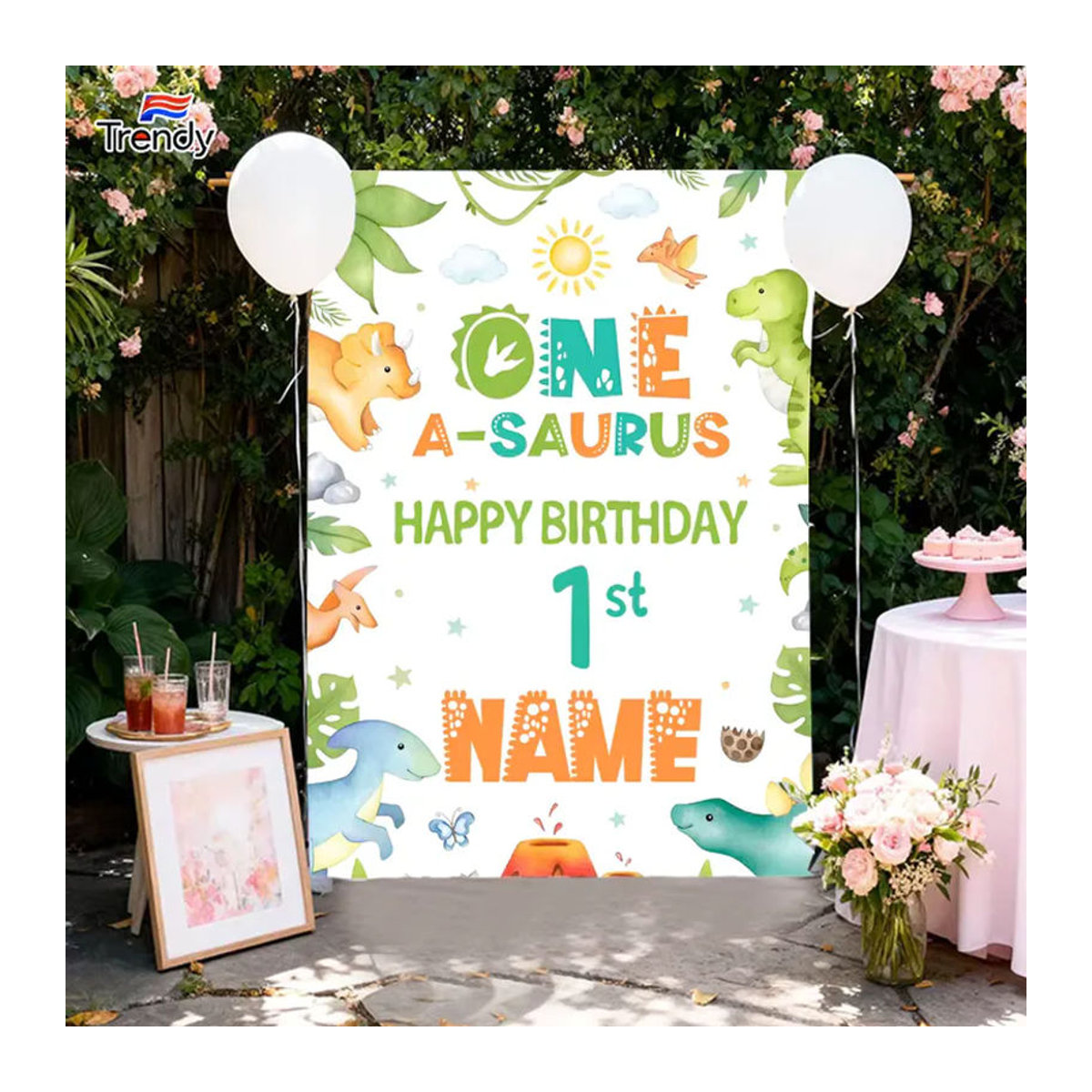 SAURUS Personalisierter Geburtstagshintergrund ONE BIRTHDAY BOY für den ersten Geburtstag, weißes Banner mit Tier-Motiv und Messingösen, B: 120 cm, H: 90 cm - Bild 2