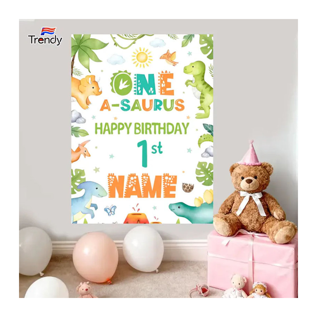 SAURUS Personalisierter Geburtstagshintergrund ONE BIRTHDAY BOY für den ersten Geburtstag, weißes Banner mit Tier-Motiv und Messingösen, B: 120 cm, H: 90 cm - Bild 3