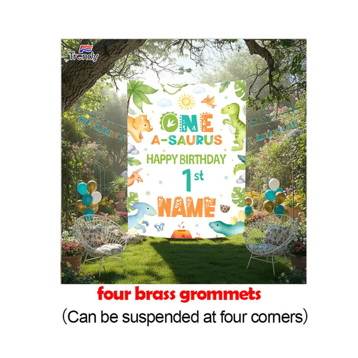 SAURUS Personalisierter Geburtstagshintergrund ONE BIRTHDAY BOY für den ersten Geburtstag, weißes Banner mit Tier-Motiv und Messingösen, B: 120 cm, H: 90 cm - Bild 4
