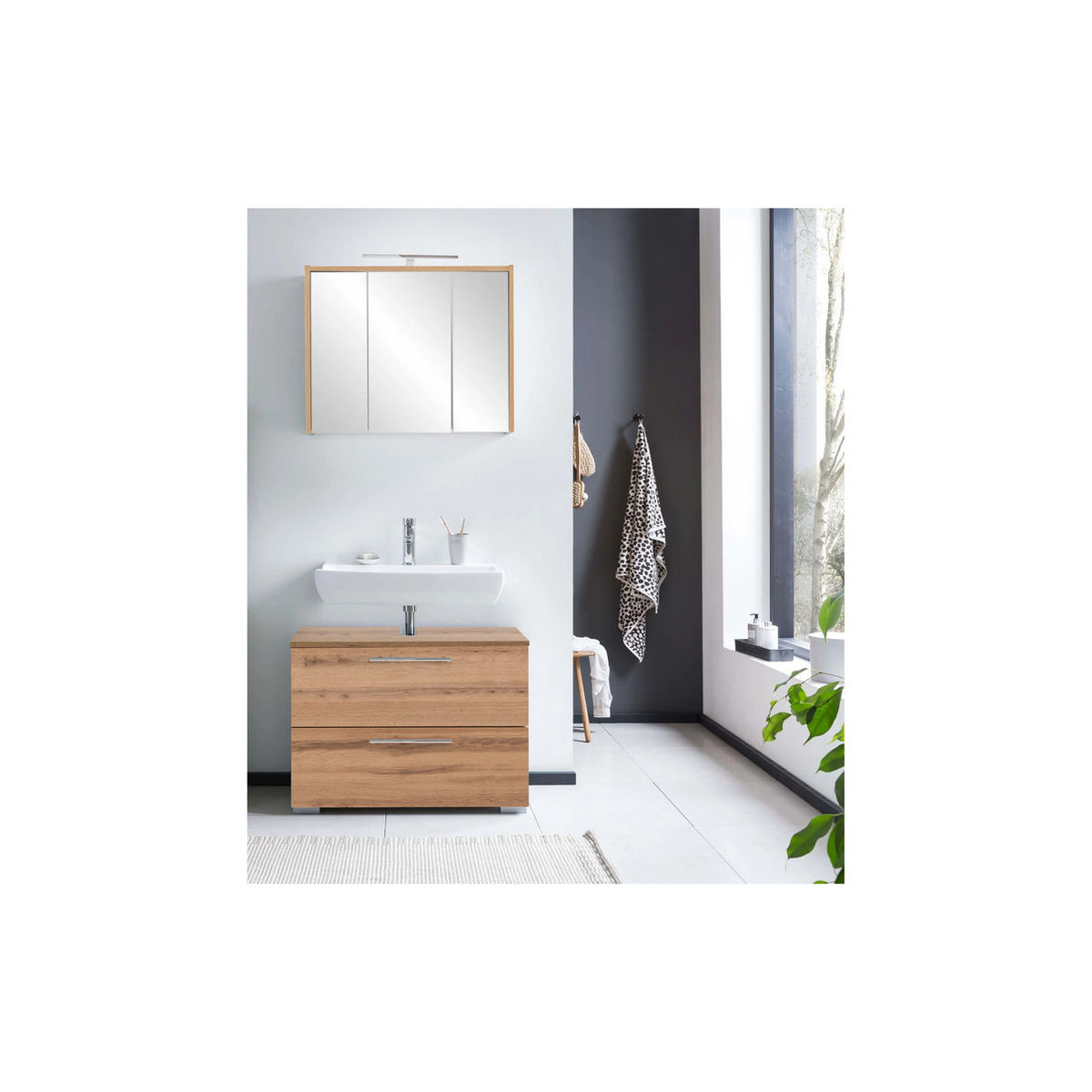 Schildmeyer Waschbeckenunterschrank Carlos in Eiche Natur Braun im Landhausstil mit Drehtüren, B/H/T: 80,2 x 59,1 x 35 cm - Bild 2