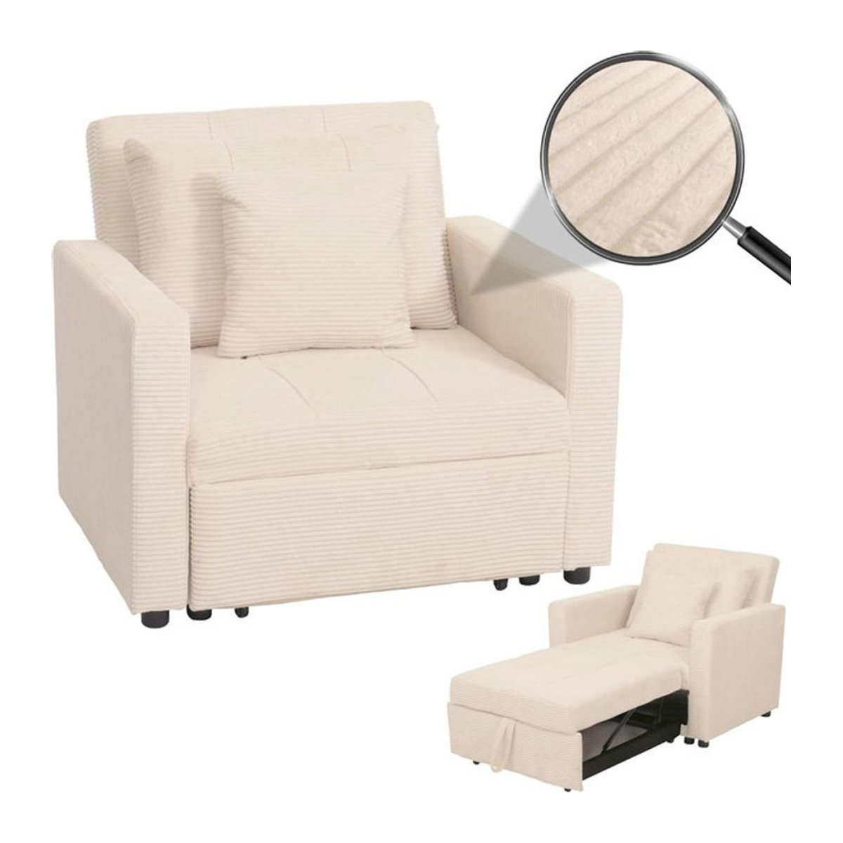 Schlafsessel MCW-L90 als Klappsessel und Gästebett aus Cord in Beige-Weiß mit einer Liegefläche von 200 x 100 cm - Bild 1