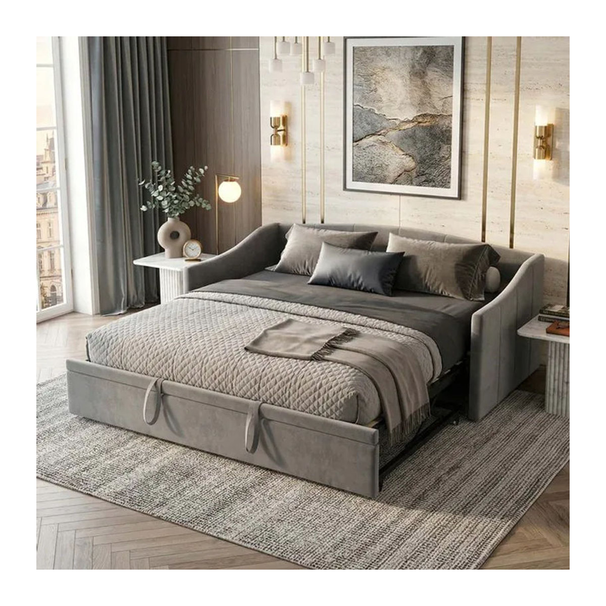 Schlafsofa ADFBL in Samtgrau, ausziehbare Sitzbank für 2 Personen im skandinavischen Design, Breite: 180 cm - Bild 1