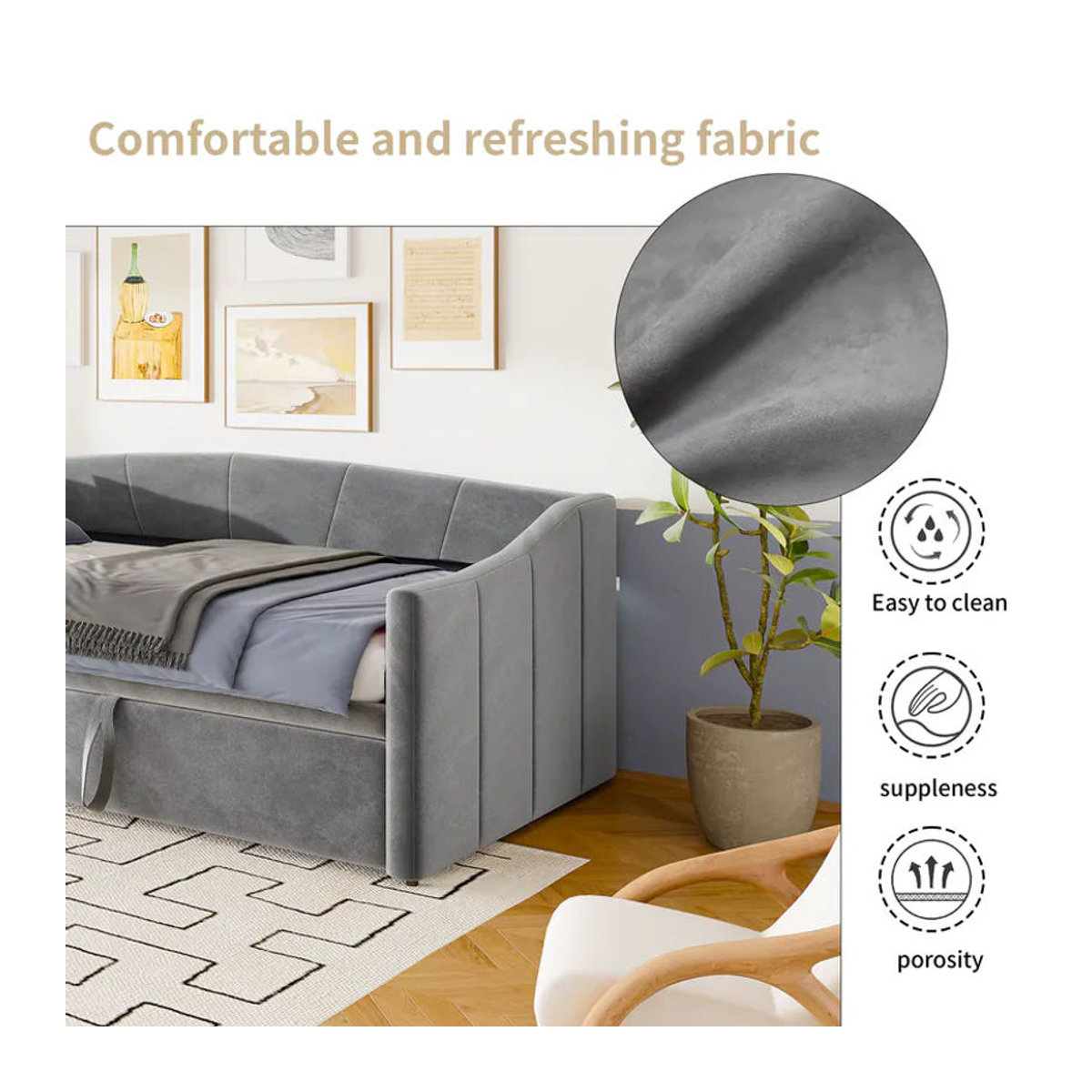 Schlafsofa ADFBL in Samtgrau, ausziehbare Sitzbank für 2 Personen im skandinavischen Design, Breite: 180 cm - Bild 2