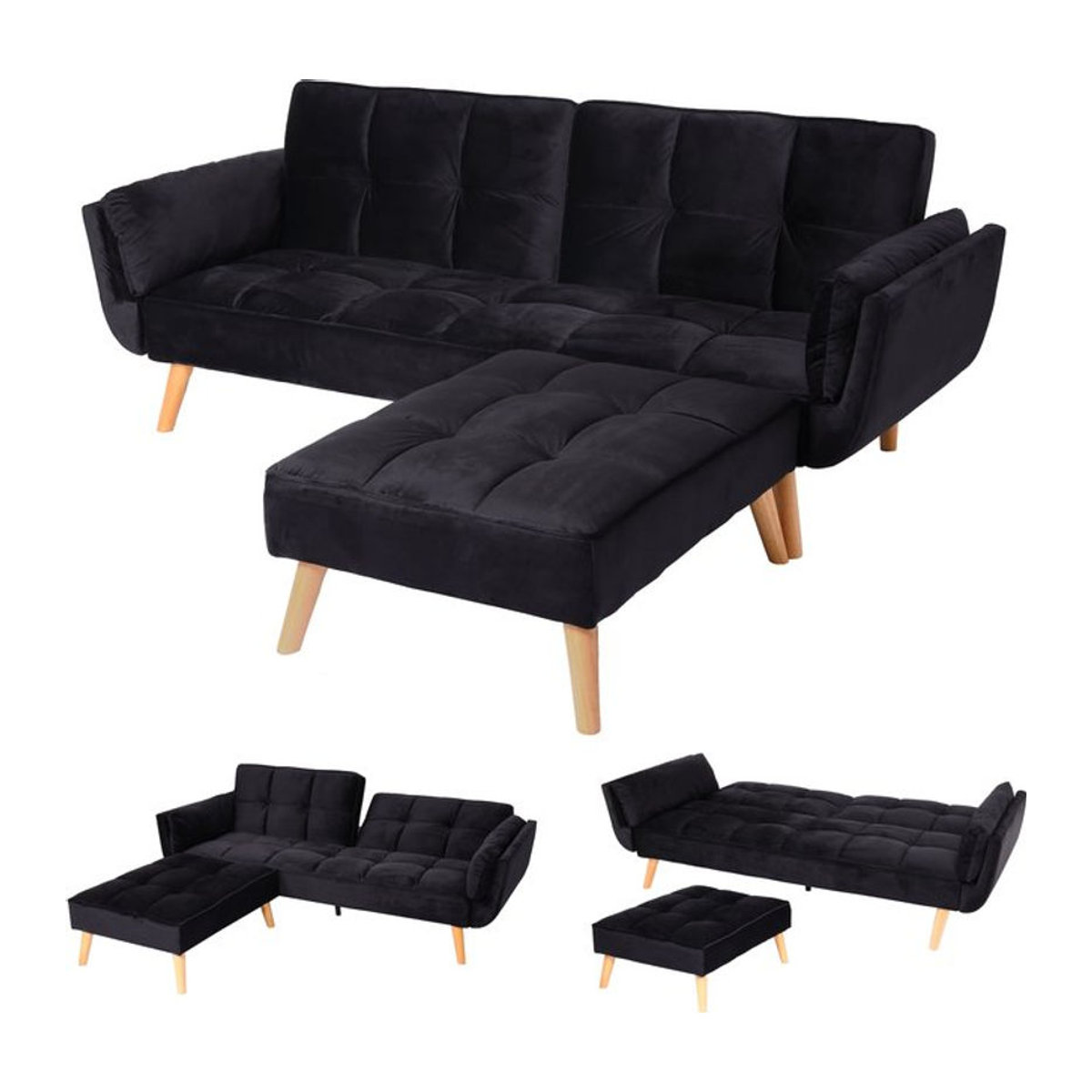 Schlafsofa MCW-K18 mit Ottomane in Schwarz aus Samt, wendbares Gästebett mit Schlaffunktion, B/T: 218 x 175 cm - Bild 1