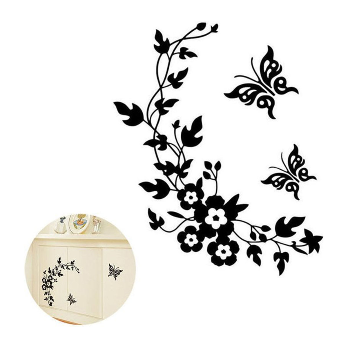 Schmetterlings- und Blumen-Wandaufkleber in Schwarz für Badezimmer, Laptop und Wände aus Kunststoff - Bild 1