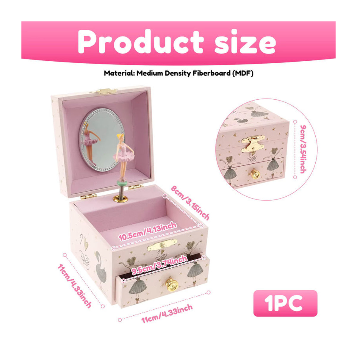 Schmuck-Aufbewahrungsbox als Spieluhr mit Ballerina und schwarzem Schwan in Schwarz und Rosa aus Holz, Höhe: 10,2 cm - Bild 2