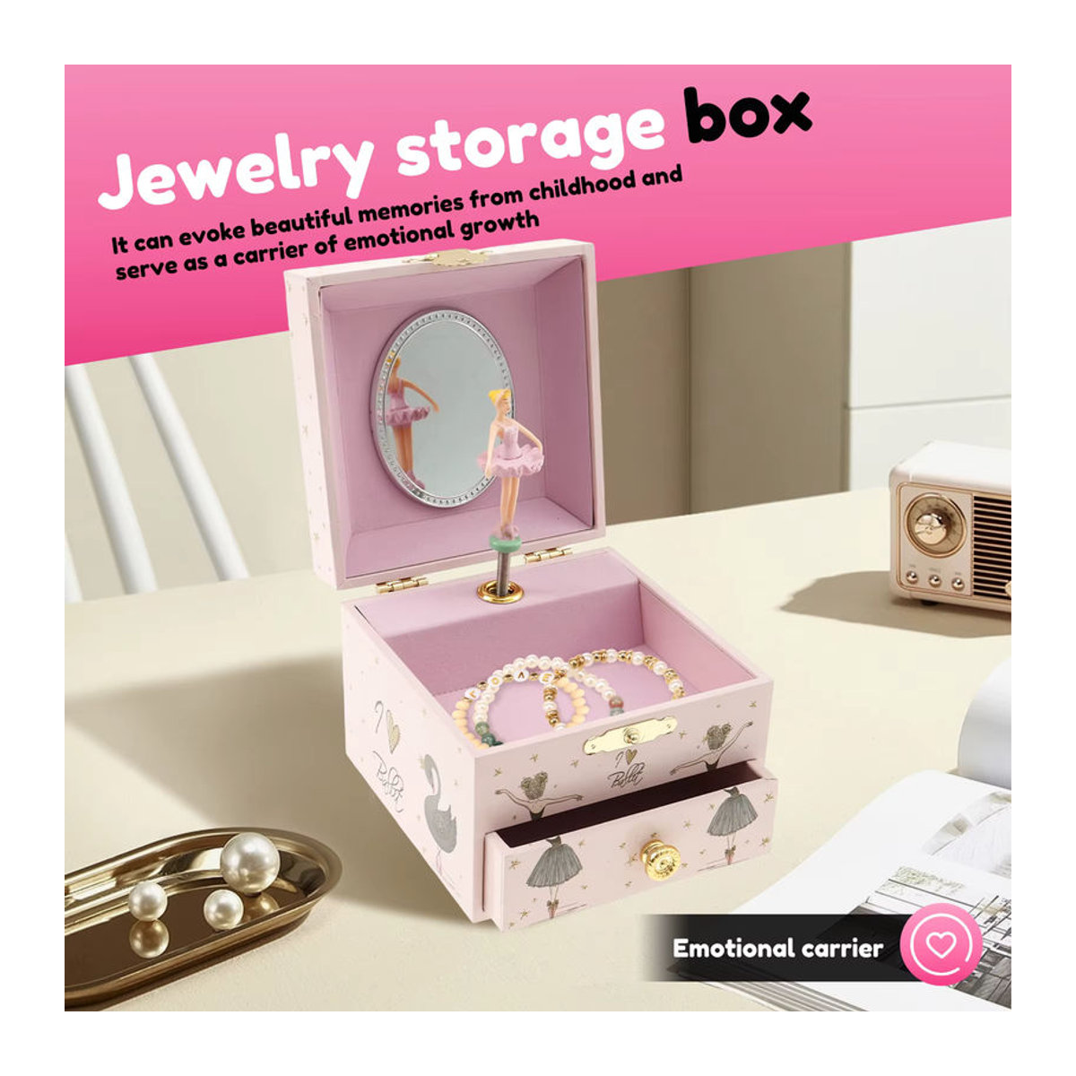 Schmuck-Aufbewahrungsbox als Spieluhr mit Ballerina und schwarzem Schwan in Schwarz und Rosa aus Holz, Höhe: 10,2 cm - Bild 3