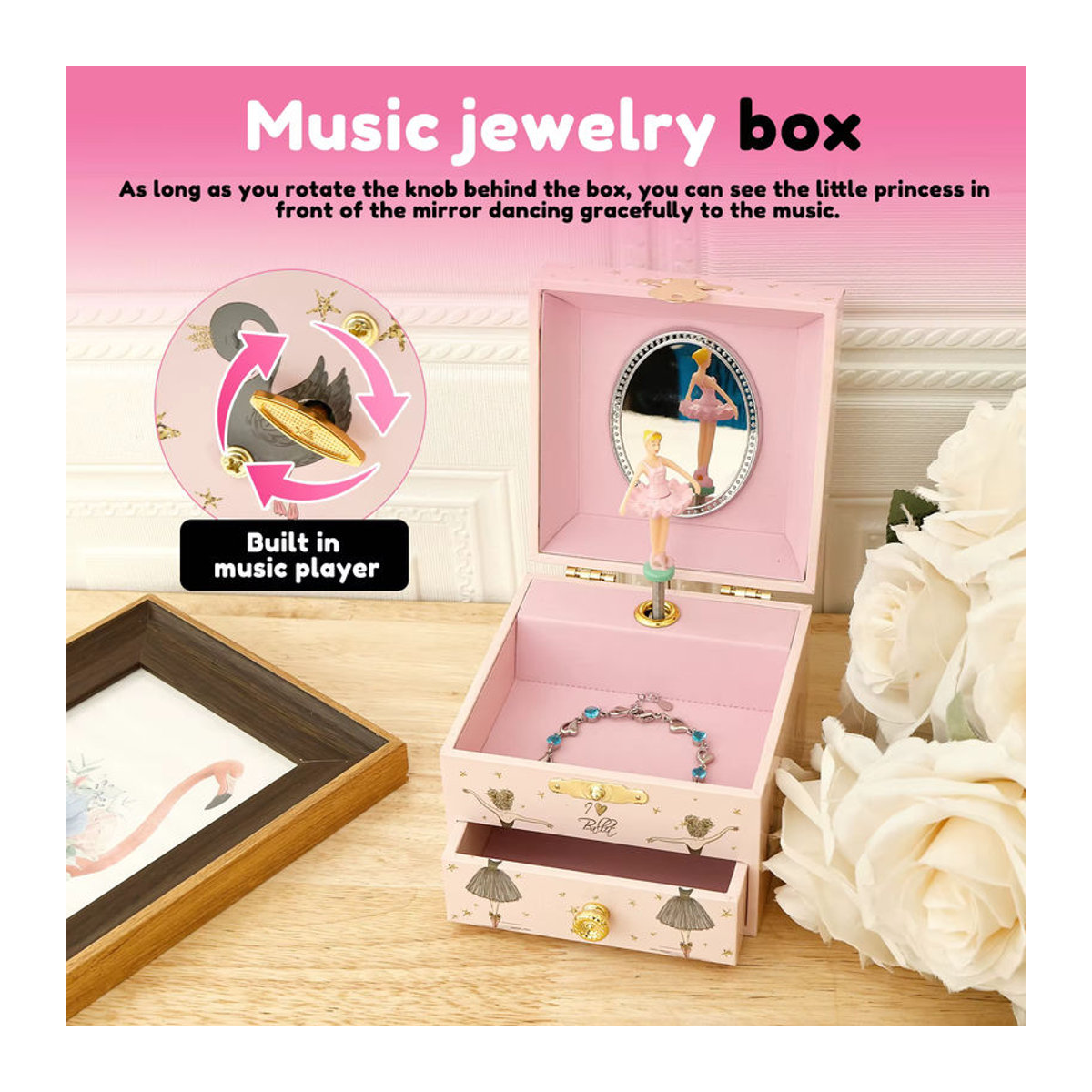 Schmuck-Aufbewahrungsbox als Spieluhr mit Ballerina und schwarzem Schwan in Schwarz und Rosa aus Holz, Höhe: 10,2 cm - Bild 5