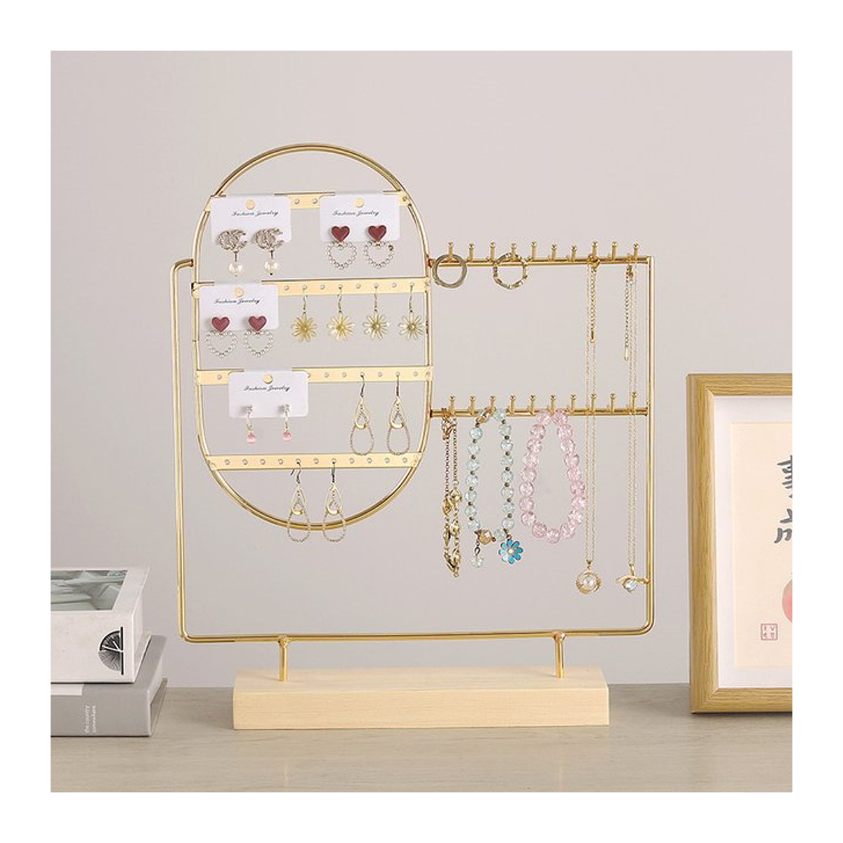 Schmuck Display Stand aus Metall mit Holzbasis als Organizer für Ohrringe, Ringe, Armbänder und Halsketten in Schwarz oder Gold - Bild 1