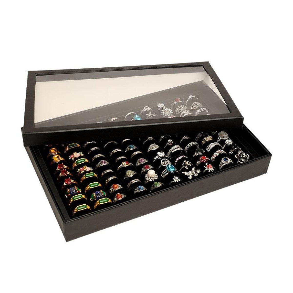 Schmuck-Organizer von myhome als Ringvitrine mit 100 Steckplätzen in Schwarz und transparentem Deckel - Bild 4