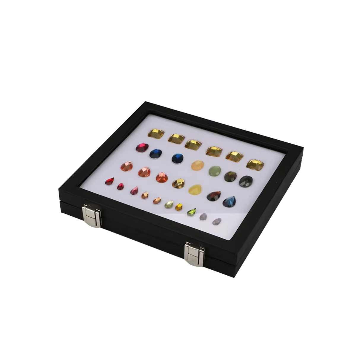 Schmuck-Präsentationsbox von Baby.Xin aus schwarzem Lackleder mit transparenter Edelsteinbox und Schnalle für Diamanten und Ringe - Bild 5