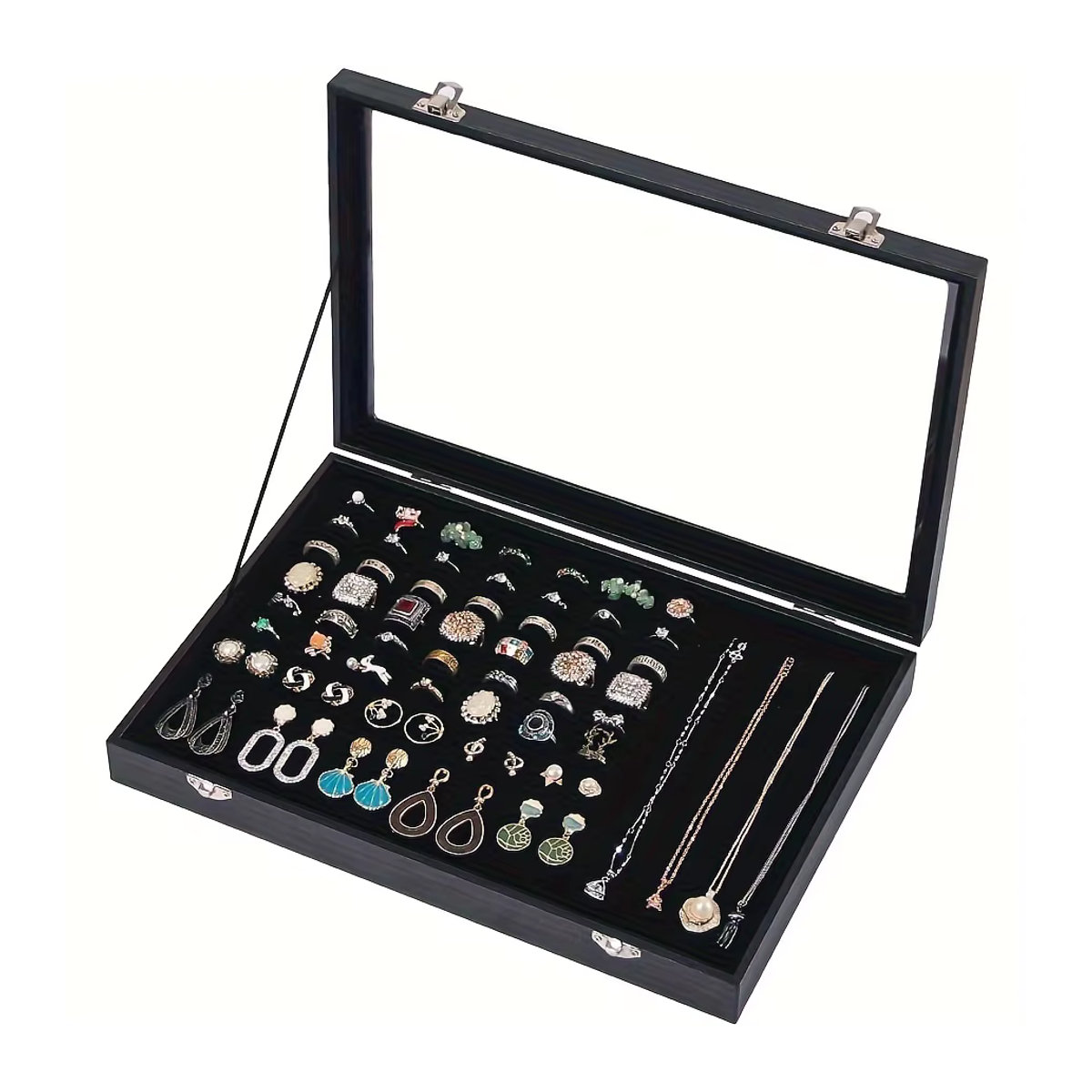 Schmuckdisplay mit Glasabdeckung für 100 Ringe in Schwarz, Rechteckige Ringhalter Aufbewahrungsbox - Bild 4
