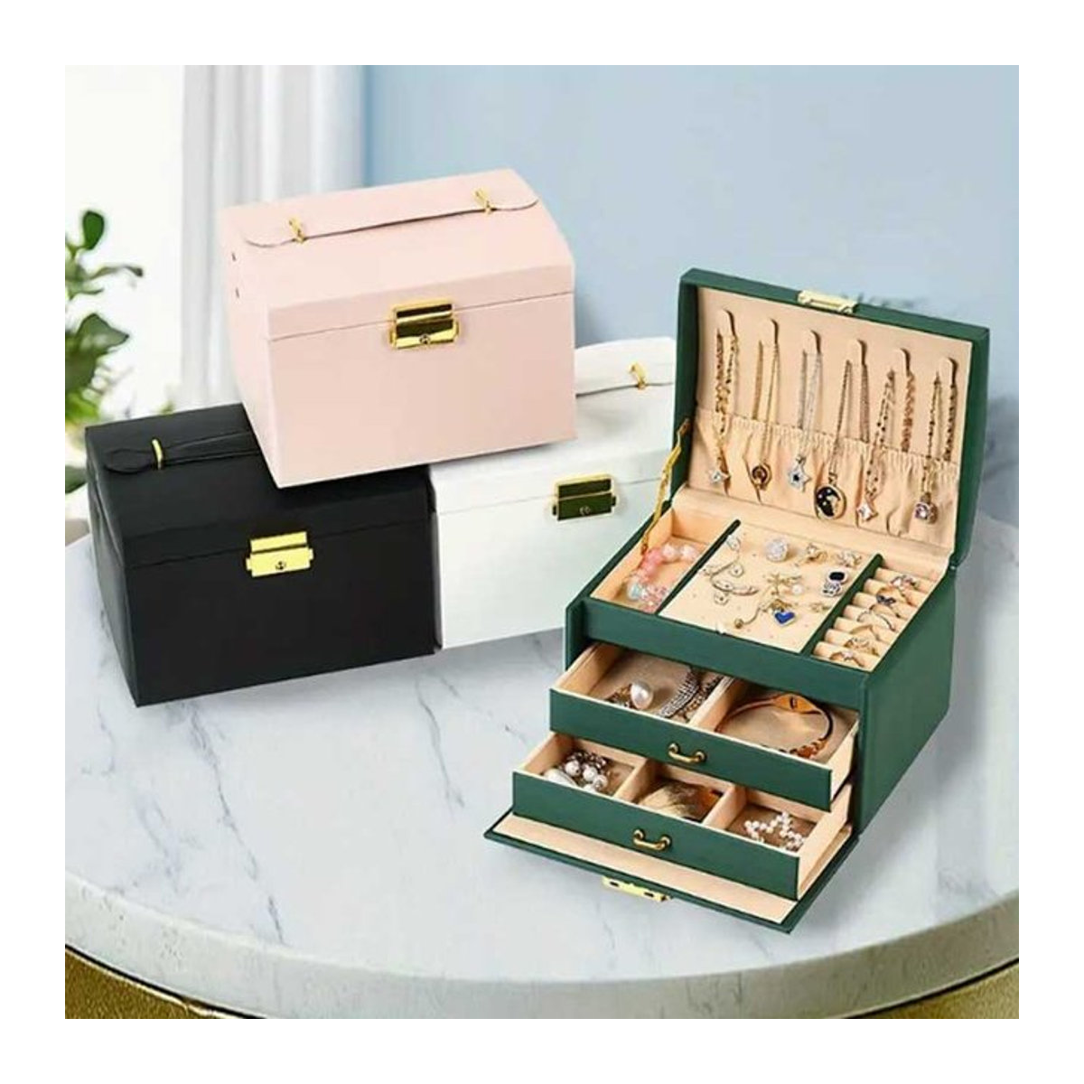 Schmuckschatulle aus PU-Leder mit drei Schubladen und Sicherheitsschloss für Ringe, Ohrringe und Halsketten, Pink und Grün - Bild 1