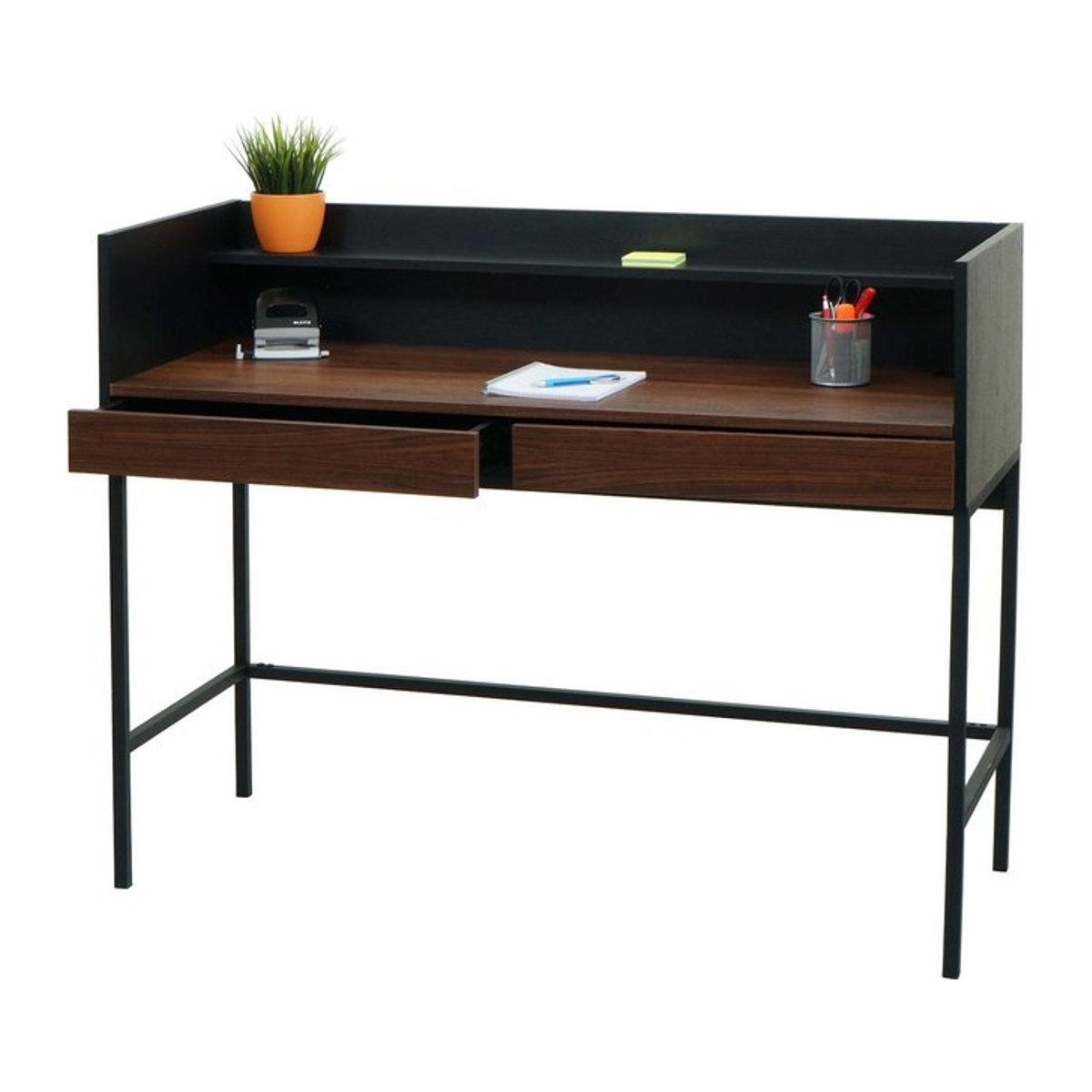 Schreibtisch MCW-J79 in Walnuss-Optik mit Schublade aus Holz und Metall, B/T: 120 x 50 cm - Bild 1