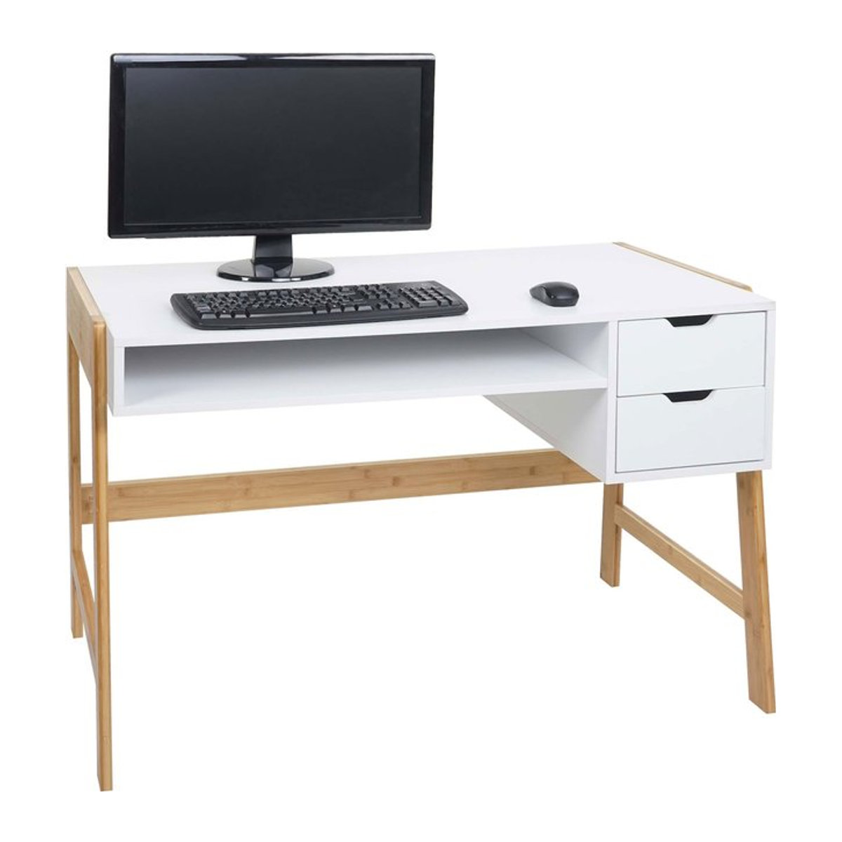 Schreibtisch MCW-K12 aus Bambus mit Schublade in Weiß, B/T/H: 115 x 58 x 76 cm - Bild 1
