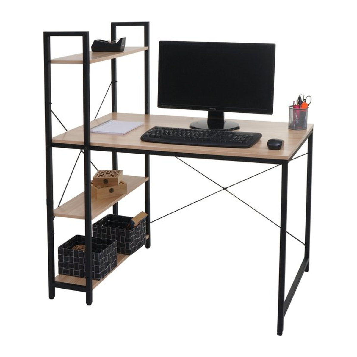 Schreibtisch mit Regal MCW-K81 im Industrial Design aus Metall und Holz in Braun und Schwarz, B: 100 cm, T: 60 cm - Bild 1