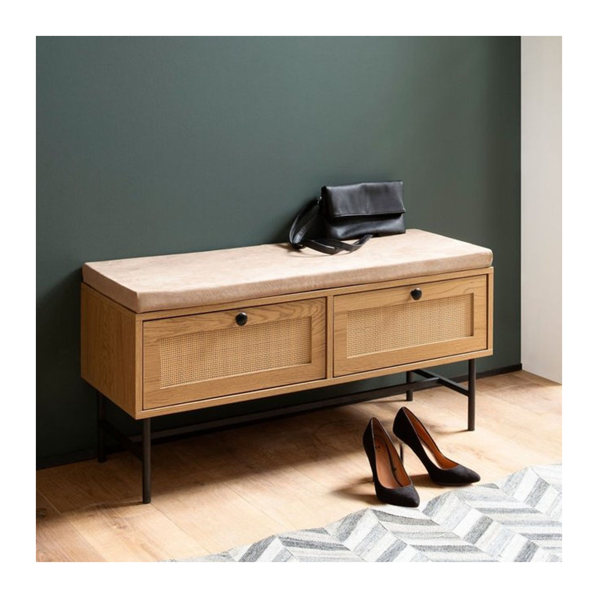 Schuhbank FineBuy in Eiche Natur mit Rattan und Stoff, Sitzbank für den Flur mit Schuhregal, Breite: 100 cm, Höhe: 48 cm, Tiefe: 38 cm - Bild 1