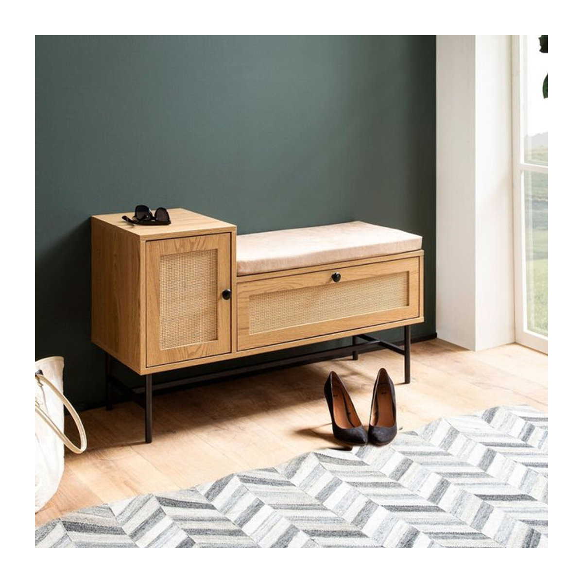 Schuhbank FineBuy mit Schuhregal und Sitzbank aus Rattan in Eiche Natur und Beige, Breite: 100 cm, Höhe: 60 cm, Tiefe: 38 cm - Bild 1