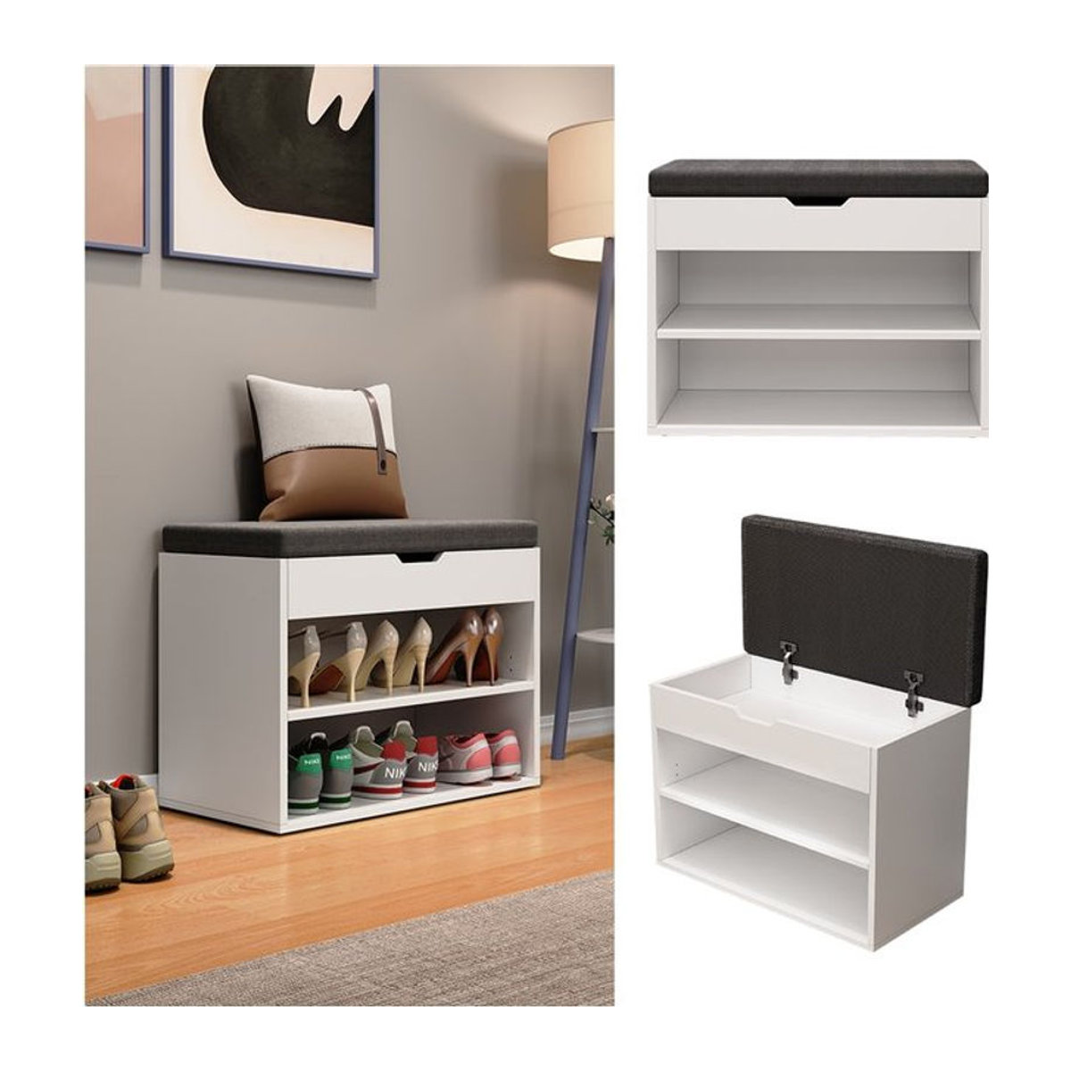 Schuhbank Titus von Vicco in Weiß, modernes Schuhregal mit Sitzfläche und Klappdeckel, B/T: 60 x 45 cm - Bild 1