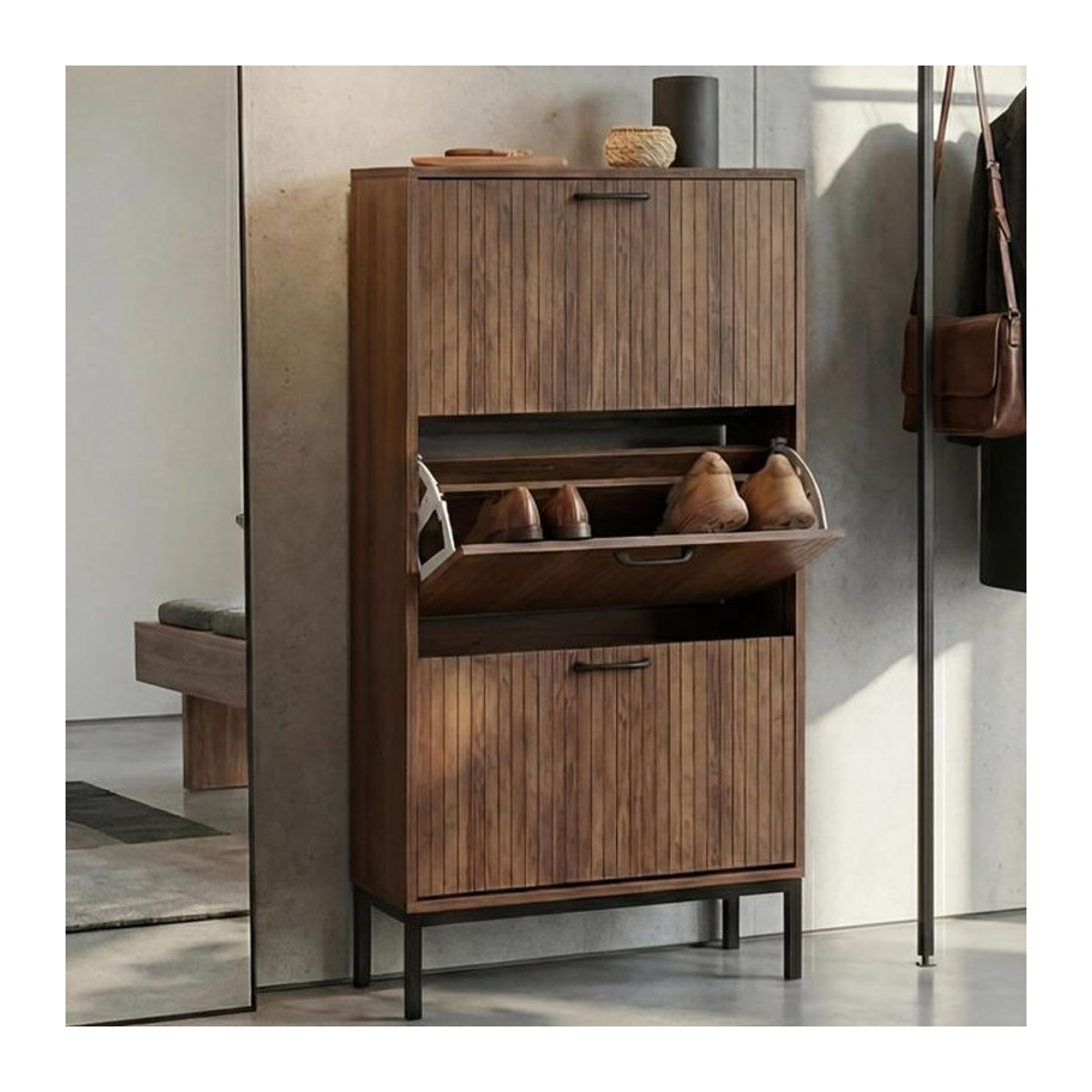 Schuhkipper MCW-P48 Schuhschrank mit 3 Kippfächern aus MDF Melamin in Braun, B/H/T: 125 x 60 x 25 cm - Bild 1