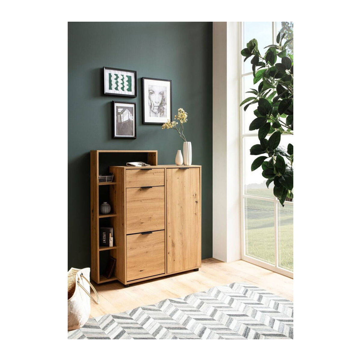 Schuhschrank Wohnling in Eiche Natur mit Schwebetüren im skandinavischen Design B/H/T: 98 x 110 x 30 cm - Bild 3