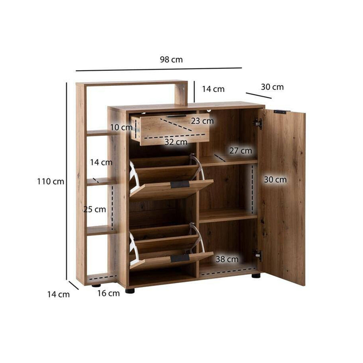 Schuhschrank Wohnling in Eiche Natur mit Schwebetüren im skandinavischen Design B/H/T: 98 x 110 x 30 cm - Bild 4