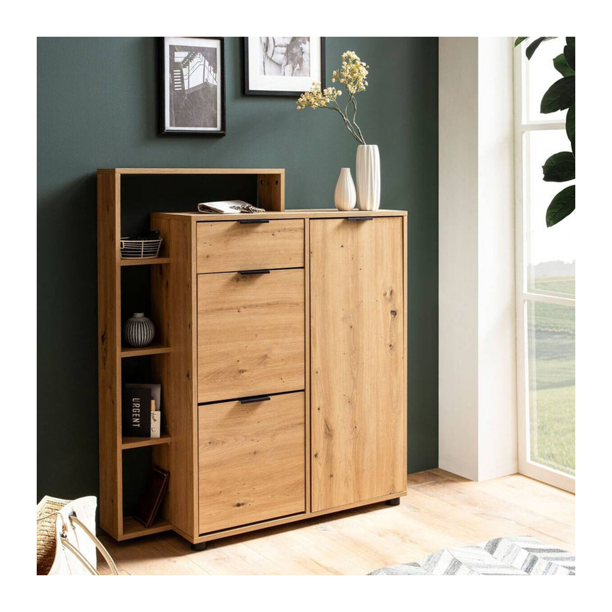 Schuhschrank Wohnling in Eiche Natur mit Schwebetüren im skandinavischen Design B/H/T: 98 x 110 x 30 cm - Bild 5