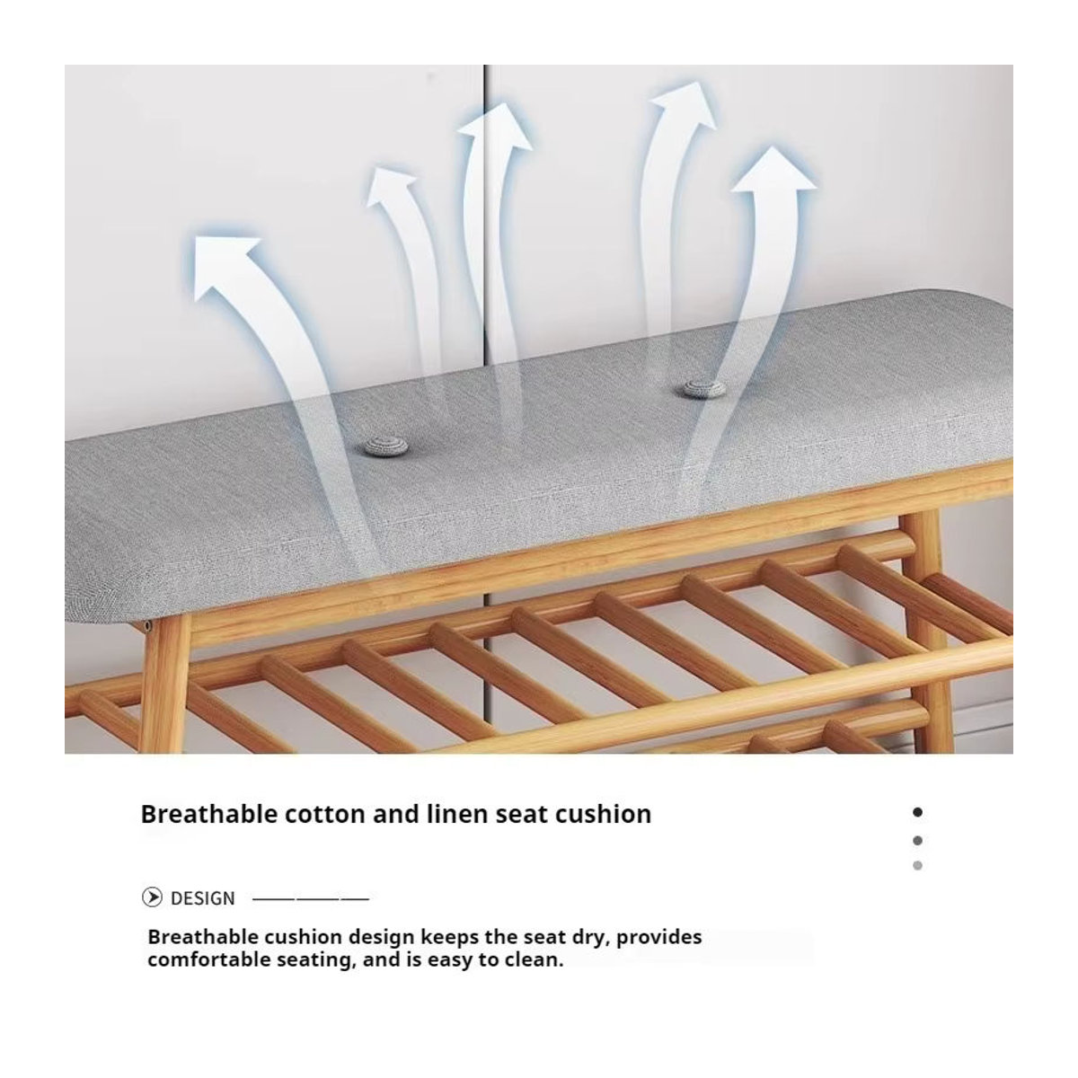 Schuhwechselhocker im skandinavischen Design mit weich gepolsterter Stoffauflage und integriertem Schuhregal in Natur - Bild 3