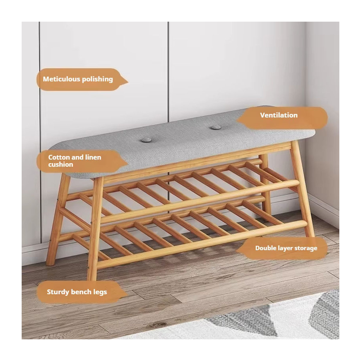 Schuhwechselhocker im skandinavischen Design mit weich gepolsterter Stoffauflage und integriertem Schuhregal in Natur - Bild 5