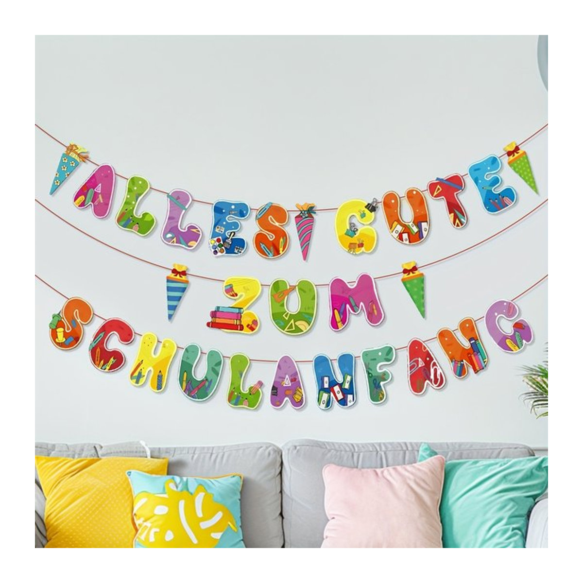 SCHULANANG Einschulungs Girlande aus Papier für den Schultag mit Motiv Zuckertüte und ABC 123, mehrfarbig und grün - Bild 1
