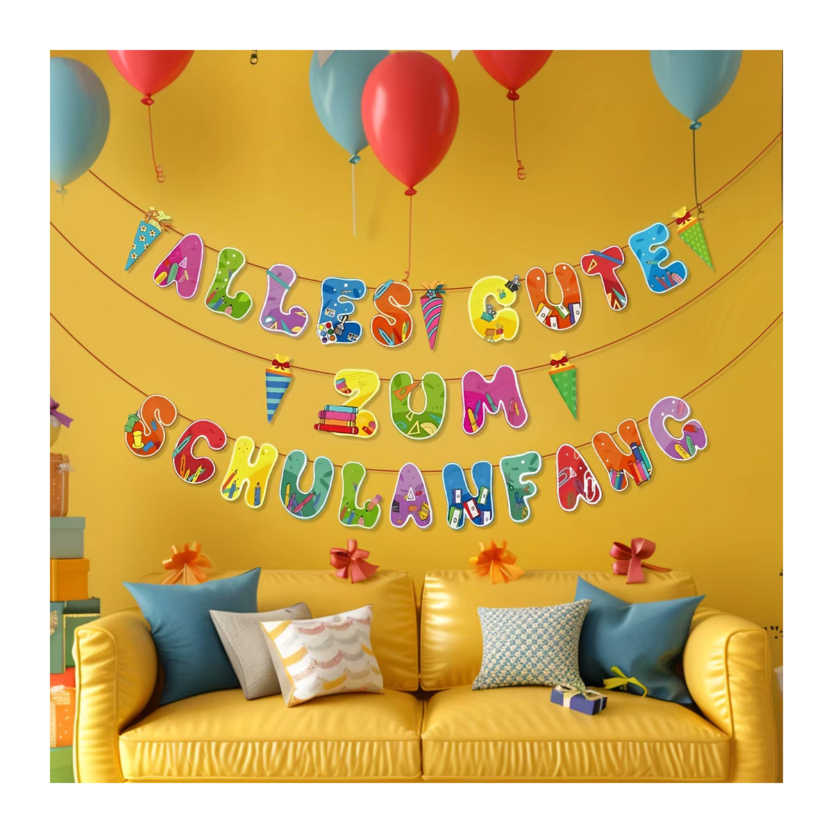SCHULANANG Einschulungs Girlande aus Papier für den Schultag mit Motiv Zuckertüte und ABC 123, mehrfarbig und grün - Bild 2