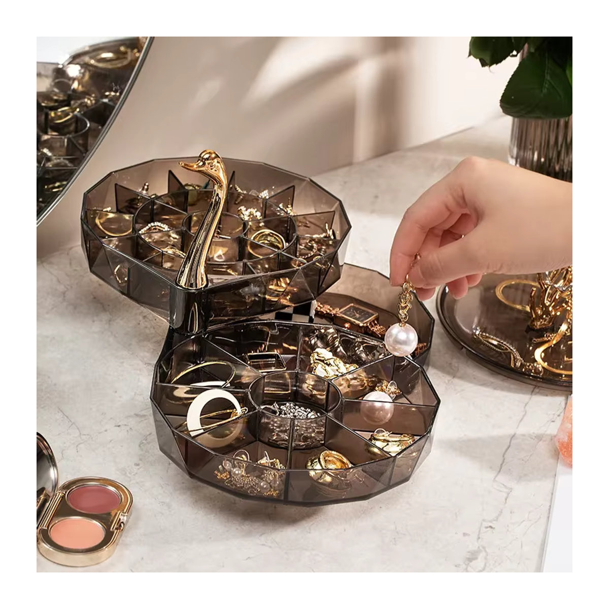 Schwan Schmucks Schmuckvitrine aus Kunststoff mit großer Kapazität und mehreren Ebenen in Grau und Transparent mit Goldakzenten - Bild 3