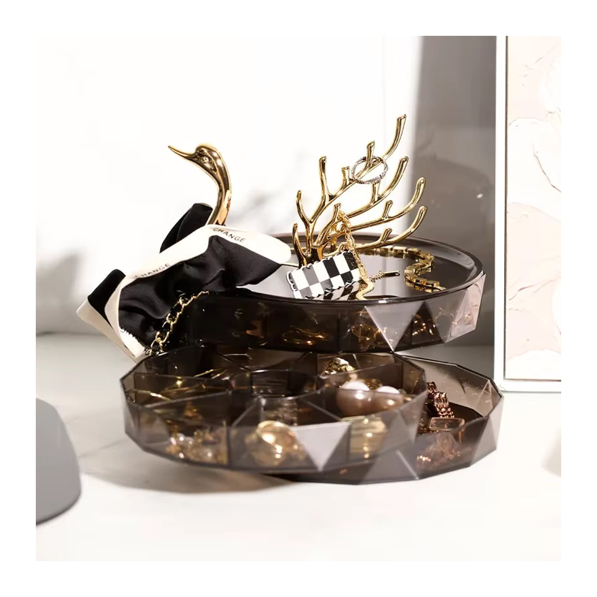 Schwan Schmucks Schmuckvitrine aus Kunststoff mit großer Kapazität und mehreren Ebenen in Grau und Transparent mit Goldakzenten - Bild 4