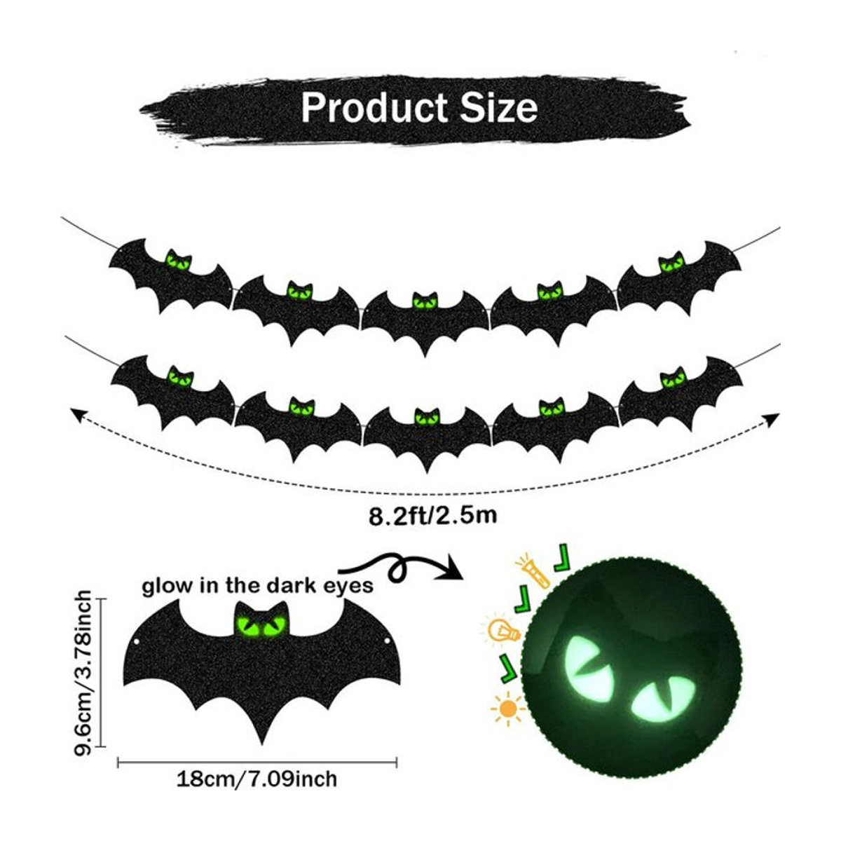 Schwarz leuchtendes Halloween-Fledermaus-Banner aus Papier für die hängende Innenraumdekoration - Bild 1