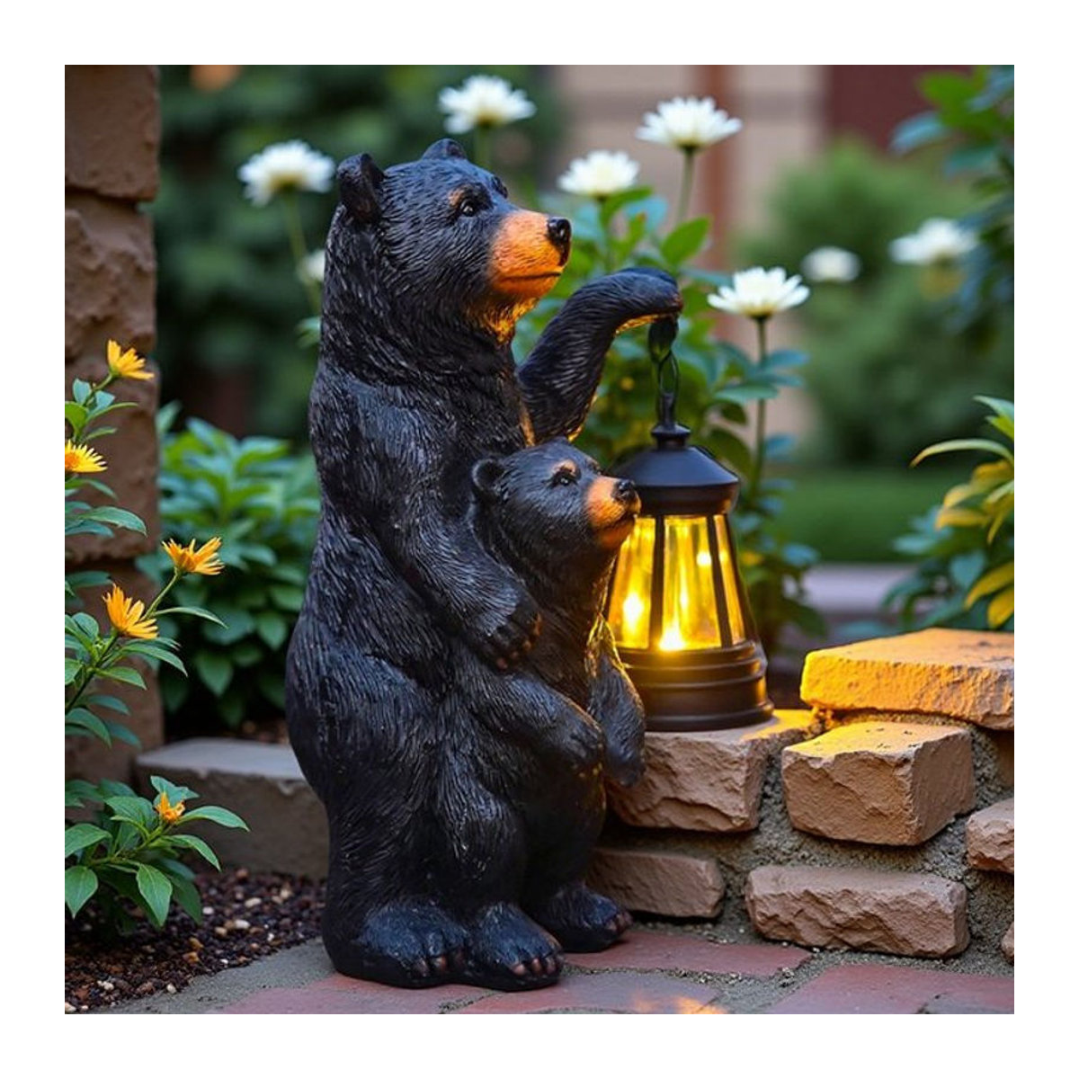 Schwarze Bär Mutter und Kind Laterne Skulptur als Garten Dekoration und Tier Licht Ornament in Schwarz und Grau - Bild 1