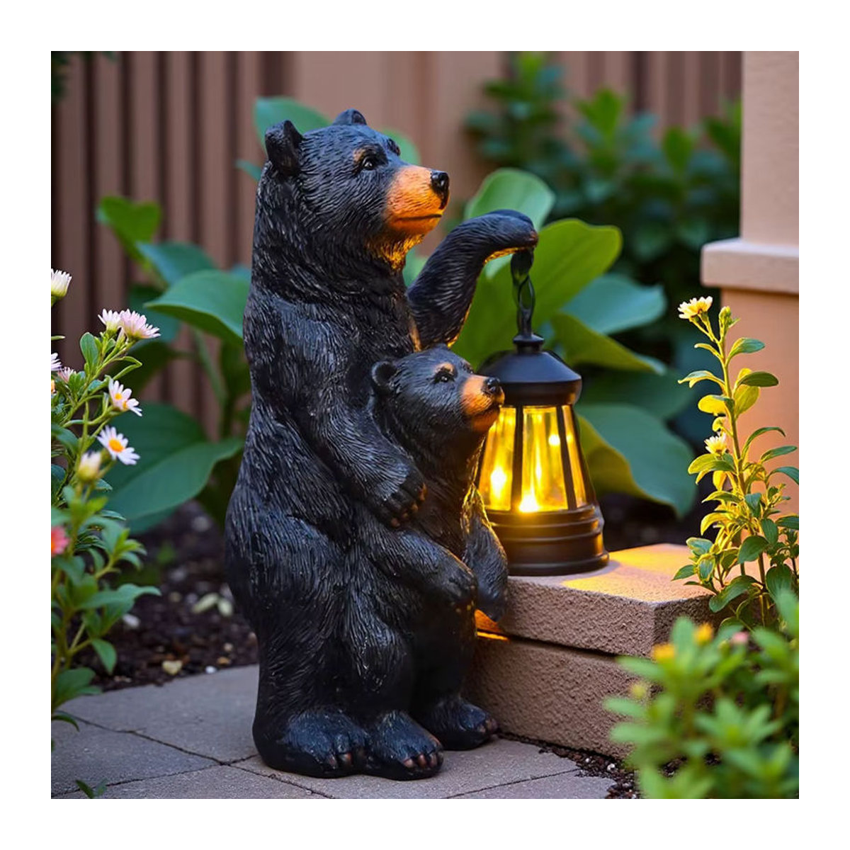 Schwarze Bär Mutter und Kind Laterne Skulptur als Garten Dekoration und Tier Licht Ornament in Schwarz und Grau - Bild 2