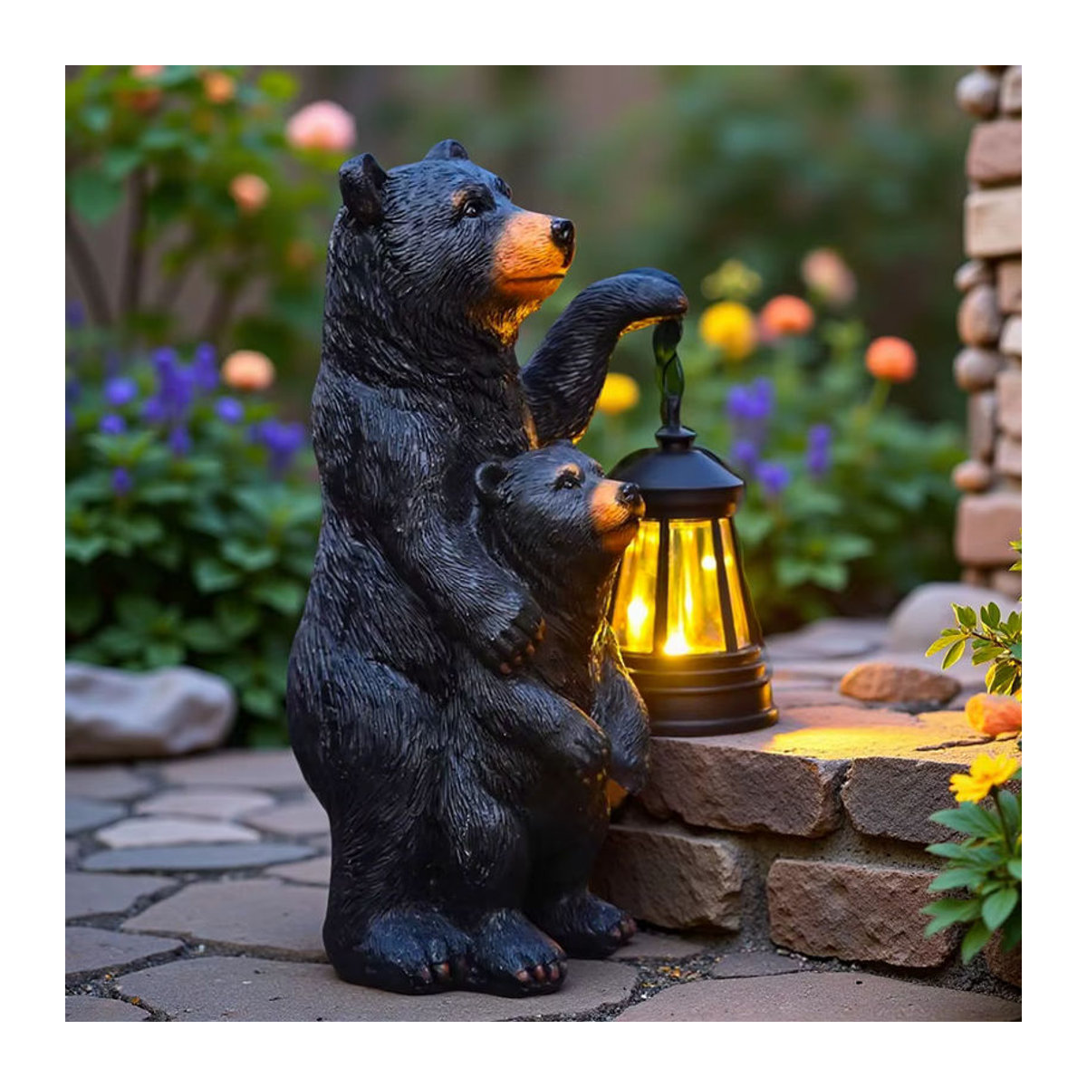 Schwarze Bär Mutter und Kind Laterne Skulptur als Garten Dekoration und Tier Licht Ornament in Schwarz und Grau - Bild 3