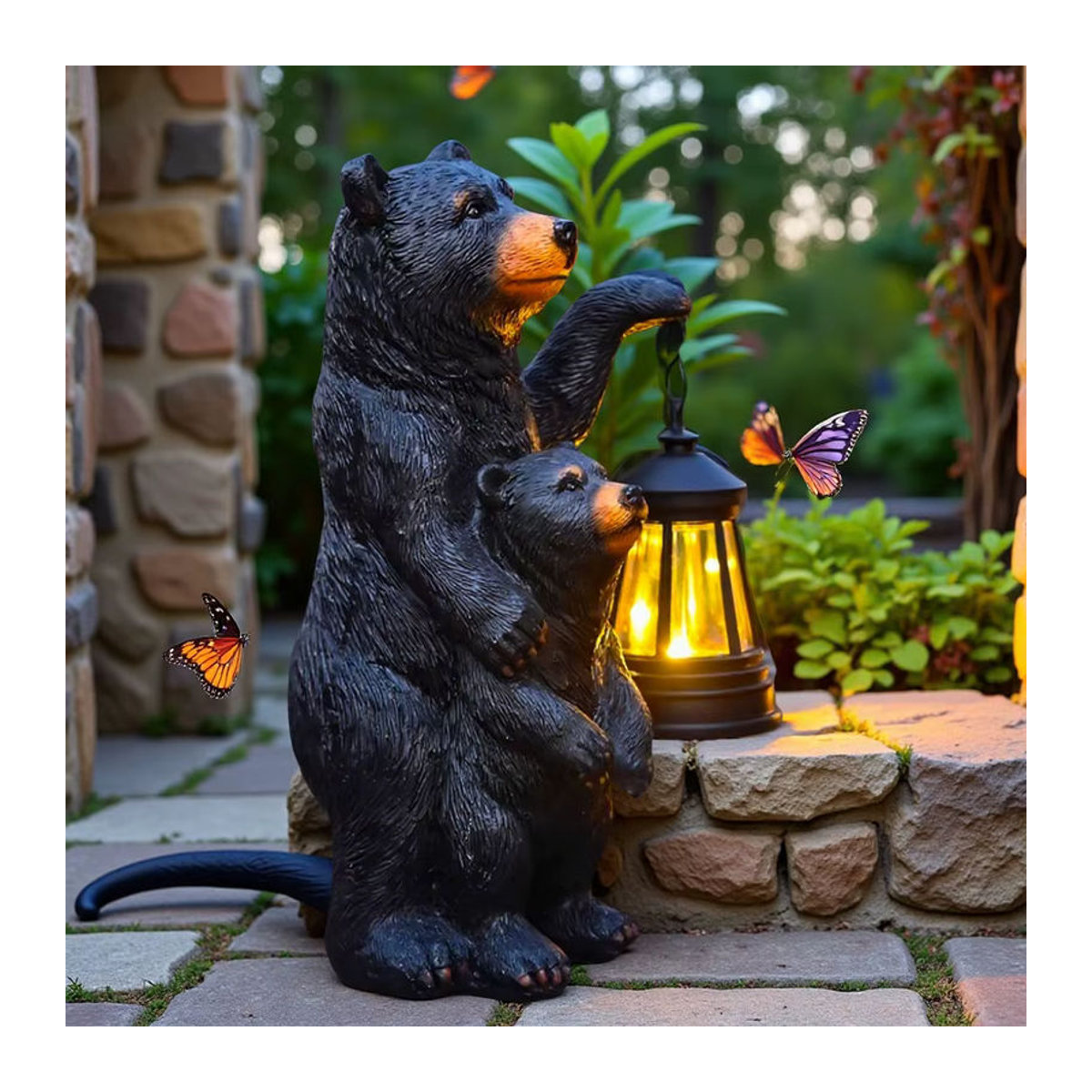 Schwarze Bär Mutter und Kind Laterne Skulptur als Garten Dekoration und Tier Licht Ornament in Schwarz und Grau - Bild 4
