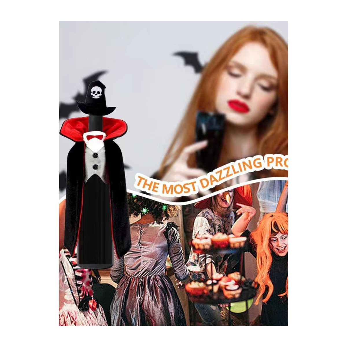 Schwarze Halloween-Weinflaschenhülle aus Textil als festliche Partydekoration - Bild 6
