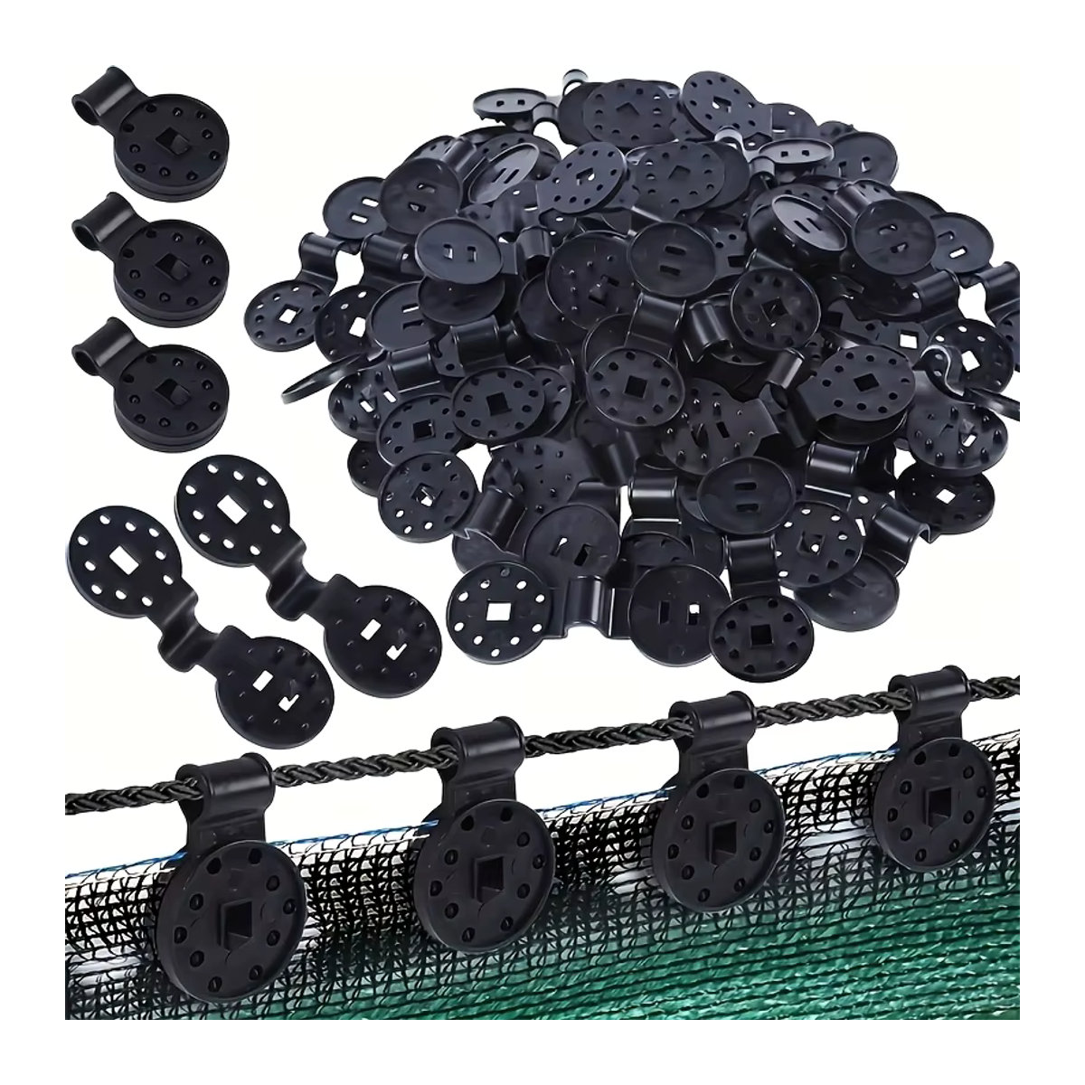 Schwarze Sonnenschutz-Stoffklammern aus Kunststoff als runde Fixierer für Vordächer, Gartennetze und Gartenabdeckungen (100 oder 200 Stück) - Bild 2