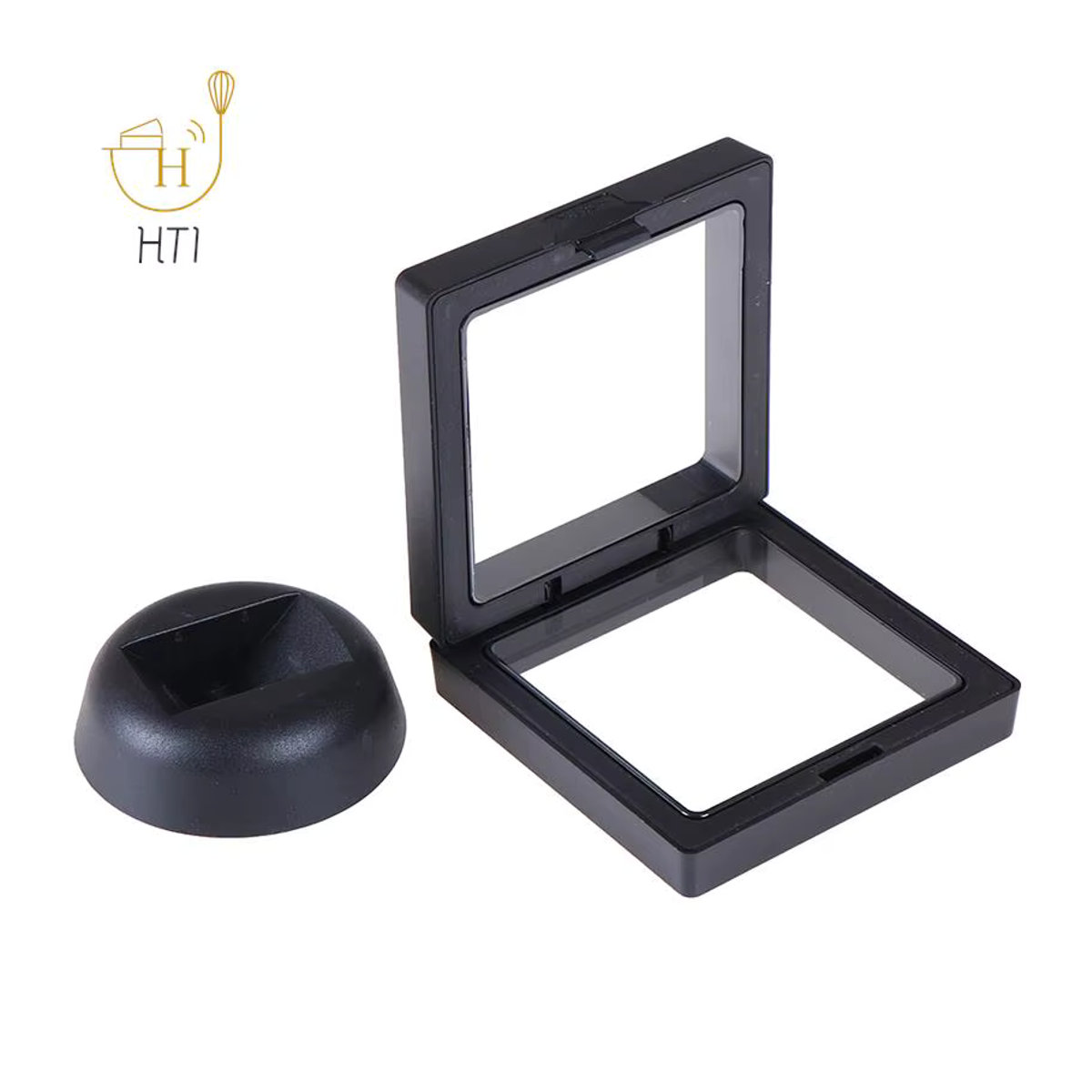 Schwarzer 3D-Schwebrahmen aus Kunststoff für Schmuck und Münzen mit Ständer, B/H: 70 x 70 mm - Bild 2